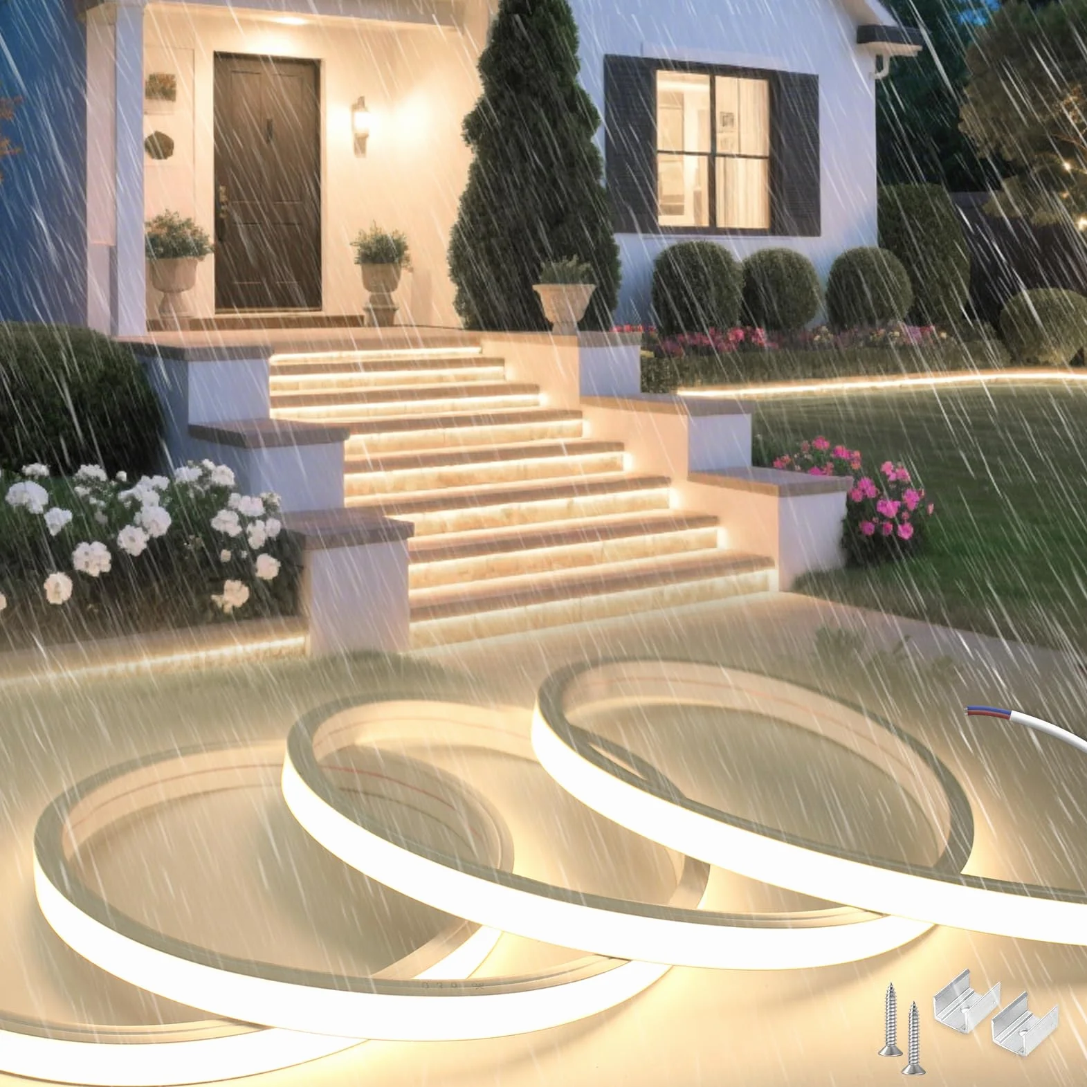 15m Pasek Neonowy Led Bez Zasilacza 220V Bezpośrednie Podłączenie Silikon Wodoszczelny Ognioodporny IP65 Biały Naturalny 4000K 10mm Można Przycinać Taśma Led Zewnętrzna