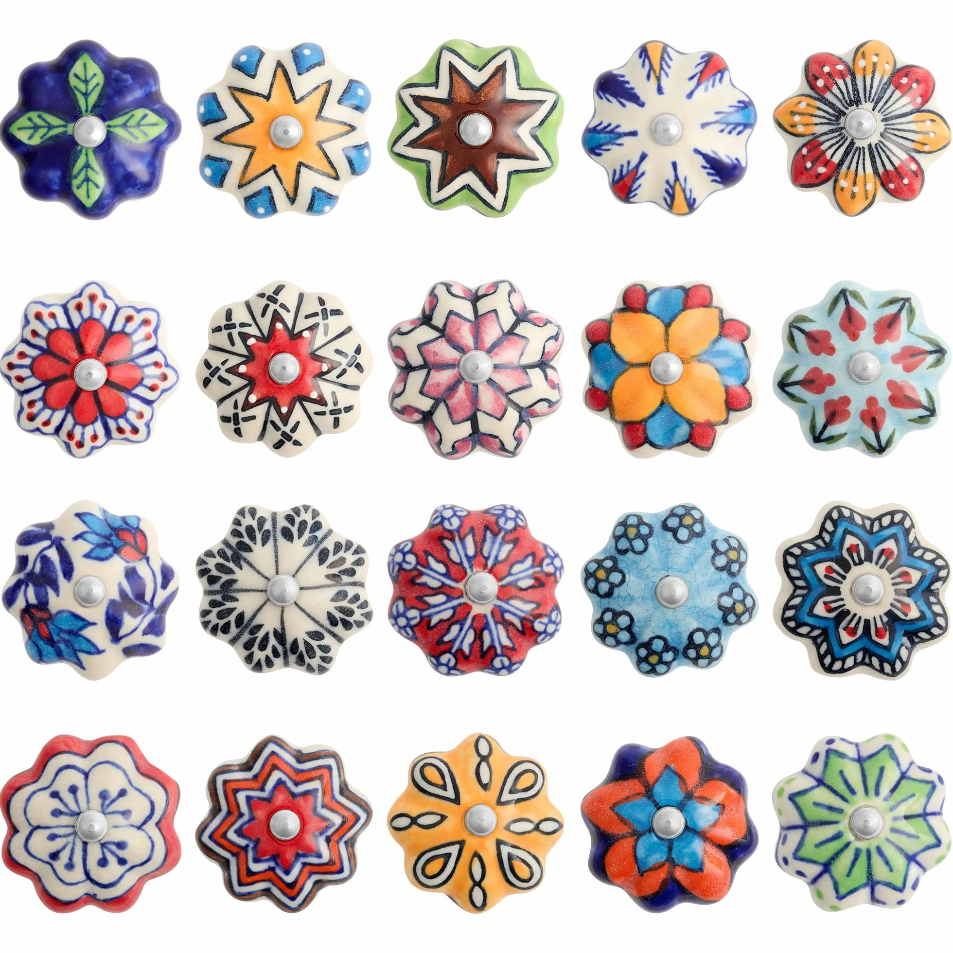 Vintage Ręcznie malowane ceramiczne gałki i uchwyty. Pokrętła do szuflad, szafy, drzwi kuchenne - wielokolorowe, unikalny wzór, zestaw 20 sztuk