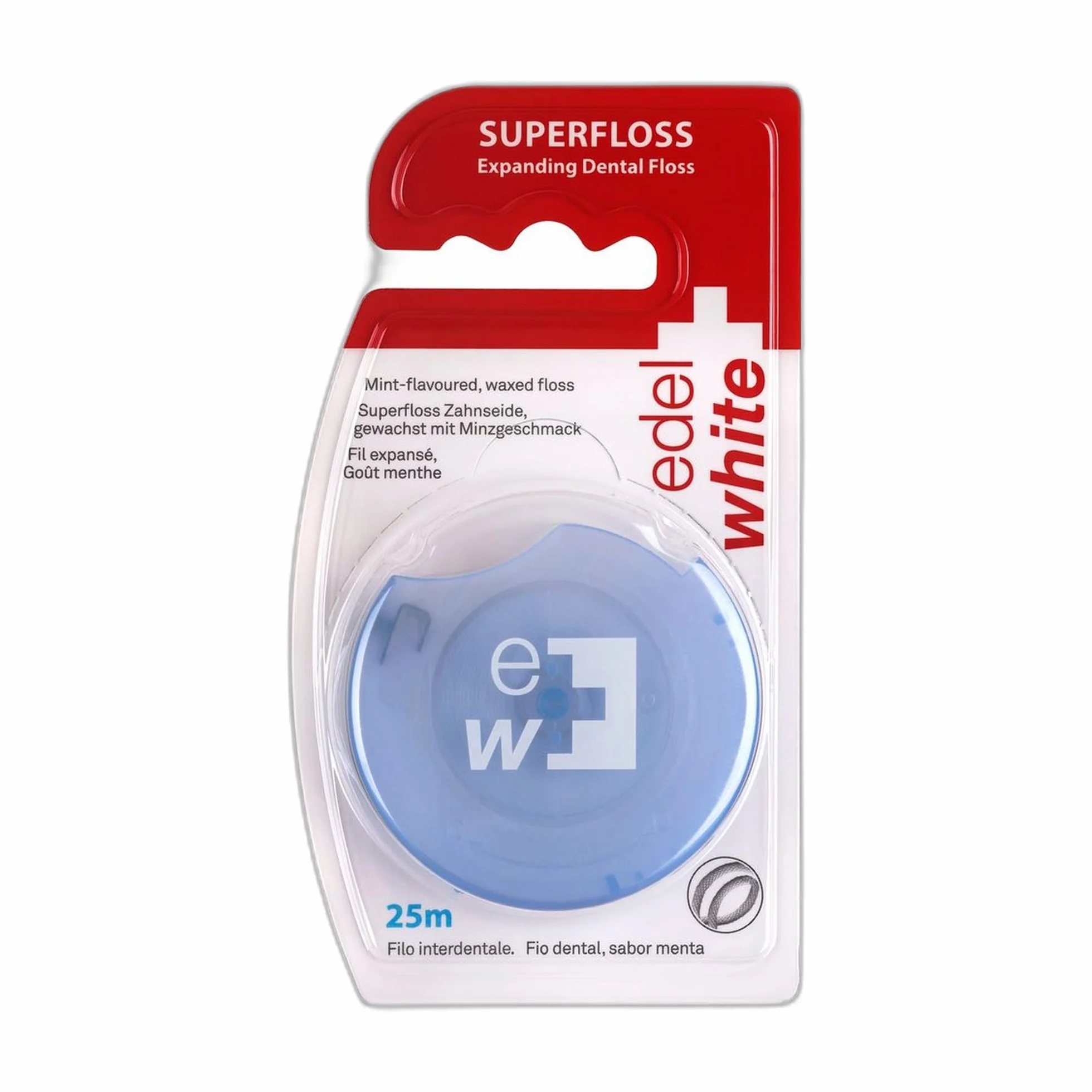 edel+white Expanding Superfloss 25 m w blistrze I nić dentystyczna woskowana, mięta, środek do czyszczenia przestrzeni międzyzębowych dla dokładnej higieny jamy ustnej