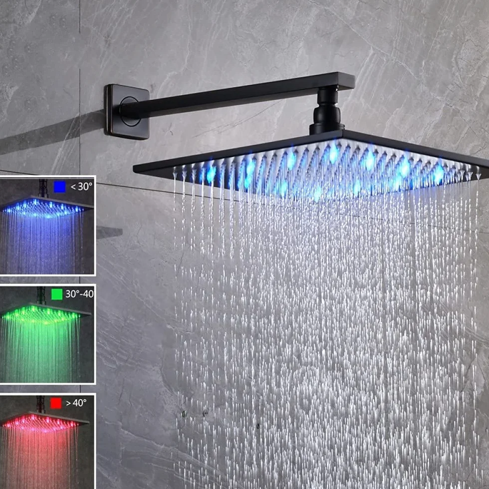 Zestaw baterii prysznicowej LED w kolorze czarnym deszczownica LED 6 dysz masujących SPA 3-drożny mieszacz wody ciepłej i zimnej system prysznicowy do wanny,Zestaw 8-calowy