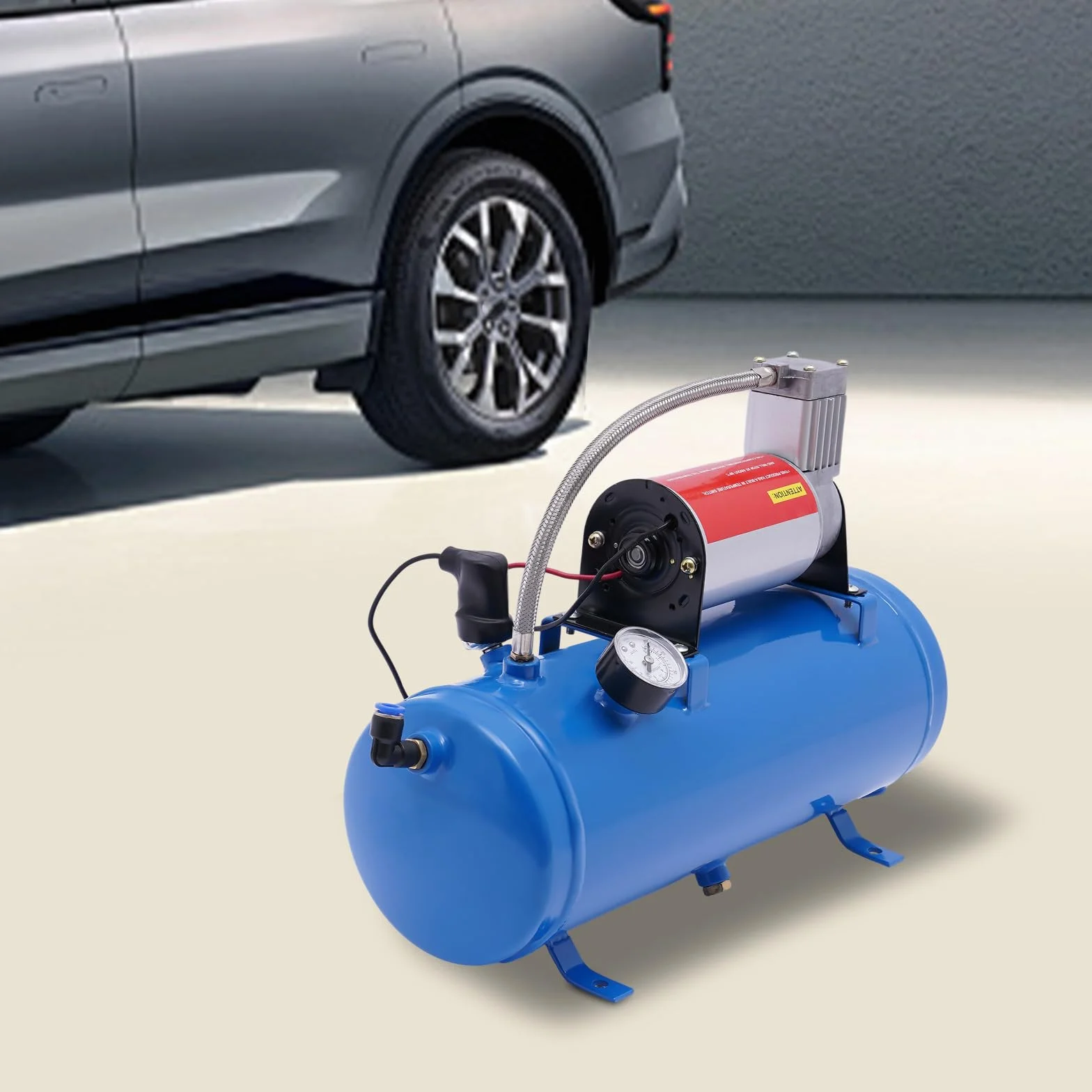 Sprężarka powietrza 12 V 150 PSI 6 l, kompresor powietrza, zbiornik z wężem 3,8 m, sprężarka powietrza do klaksonów, opon samochodowych, silników samochodowych
