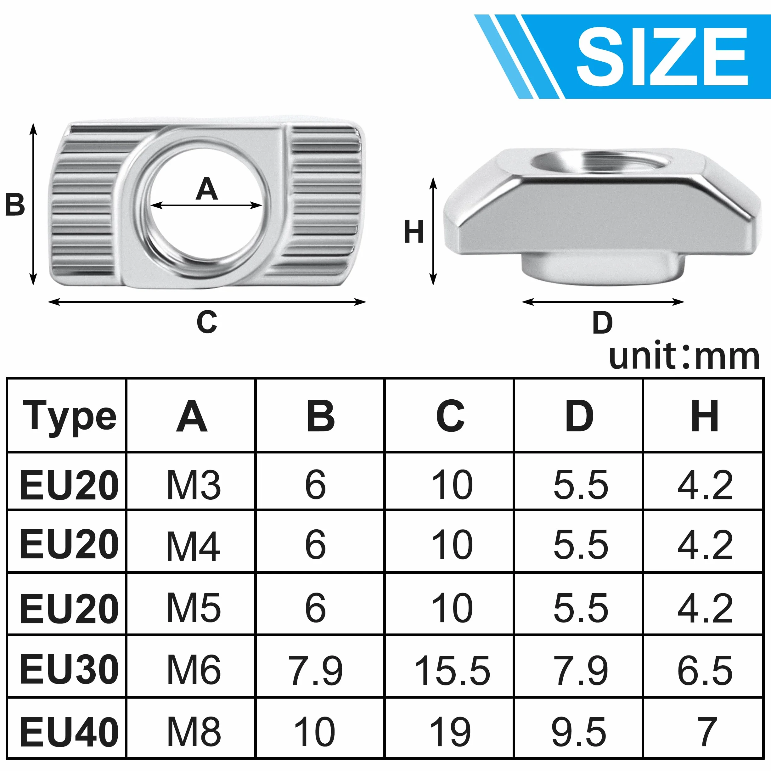 QIMEI-SHOP Nakrętki T M4, nakrętka młotkowa, stal węglowa, do profili aluminiowych 2020 z rowkiem 6 mm, 40 sztuk
