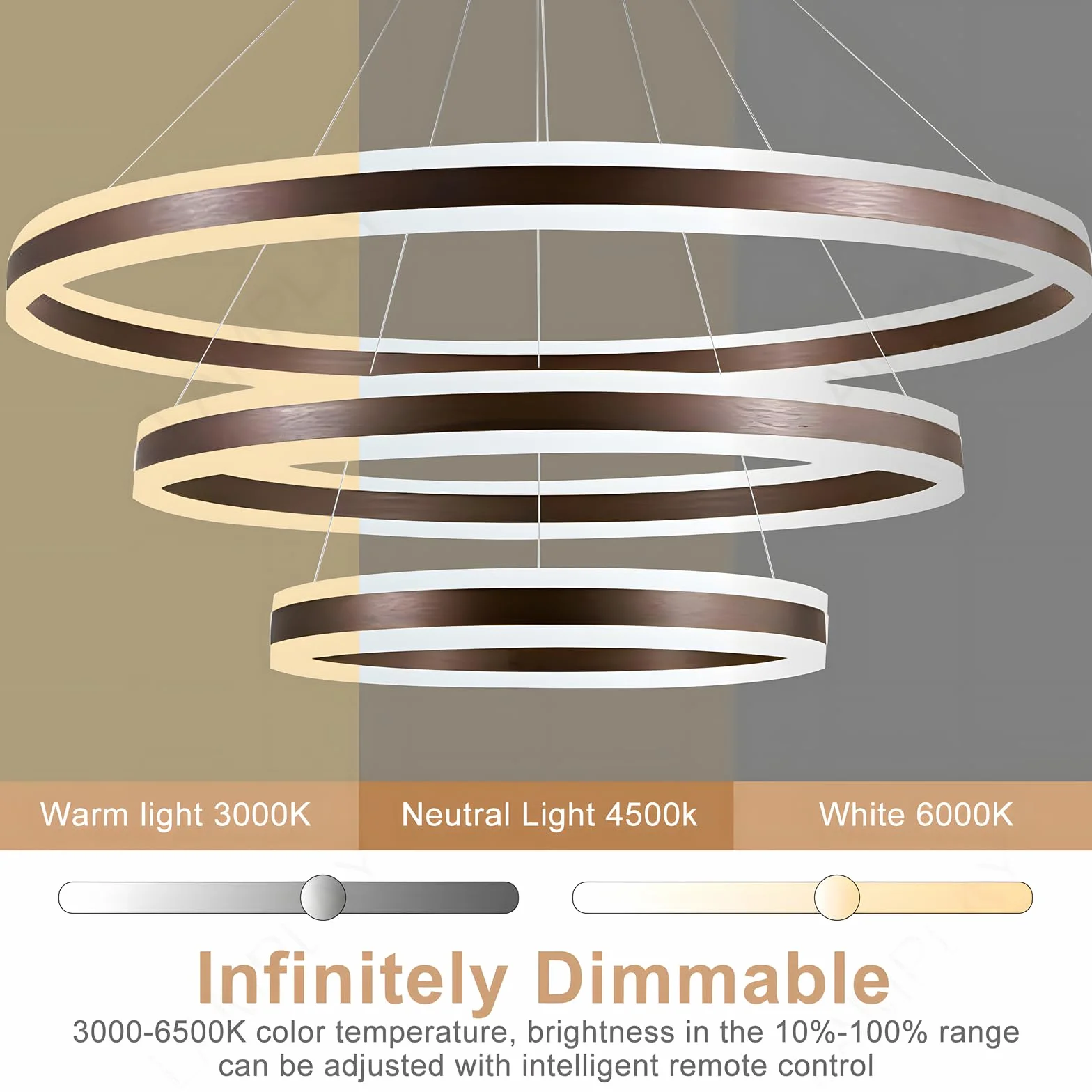 Okrągła Nowoczesna Lampa Wisząca LED, 3 Brązowy Żyrandol Pierścieniowy, Ściemniana Za Pomocą Pilota 3000K-6000K Lampa Sufitowa, Regulowana Wysokość, Salon Sypialnia Jadalnia (60+80+100cm)