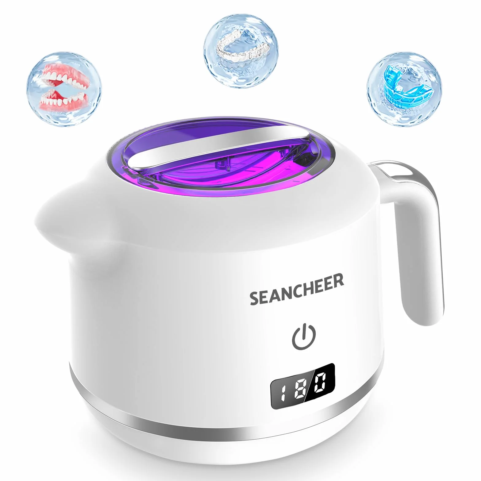 SEANCHEER Urządzenie Do Czyszczenia Ultradźwiękowego | 48000Hz | 24W | 180ML | Czyścik Ultradźwiękowy z lampą UV Do | Protez | Alignerów | Retainerów | Szyn Zębowych | Biżuterii | (Biały)