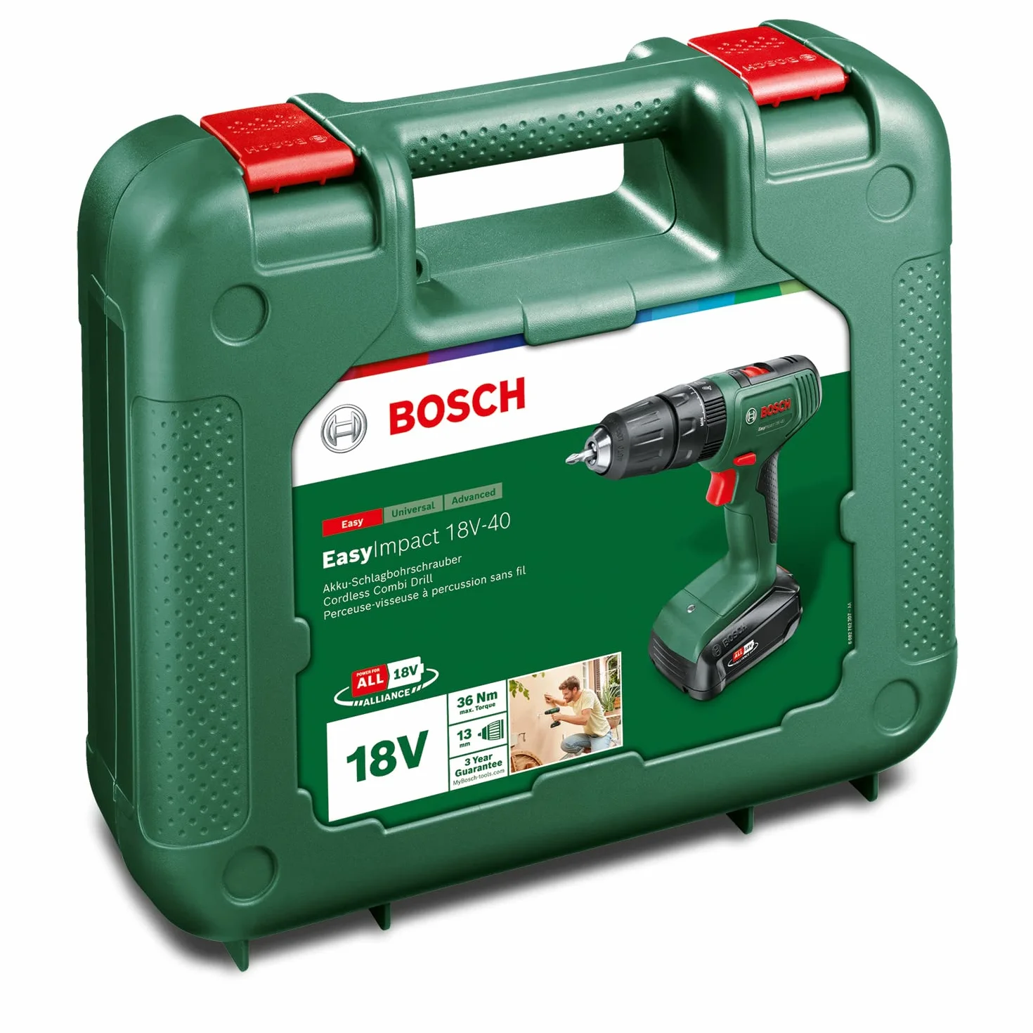 Bosch EasyImpact Wiertarka akumulatorowa 18 V-40 (1 bateria 1,5 Ah, system 18 V, futerał transportowy