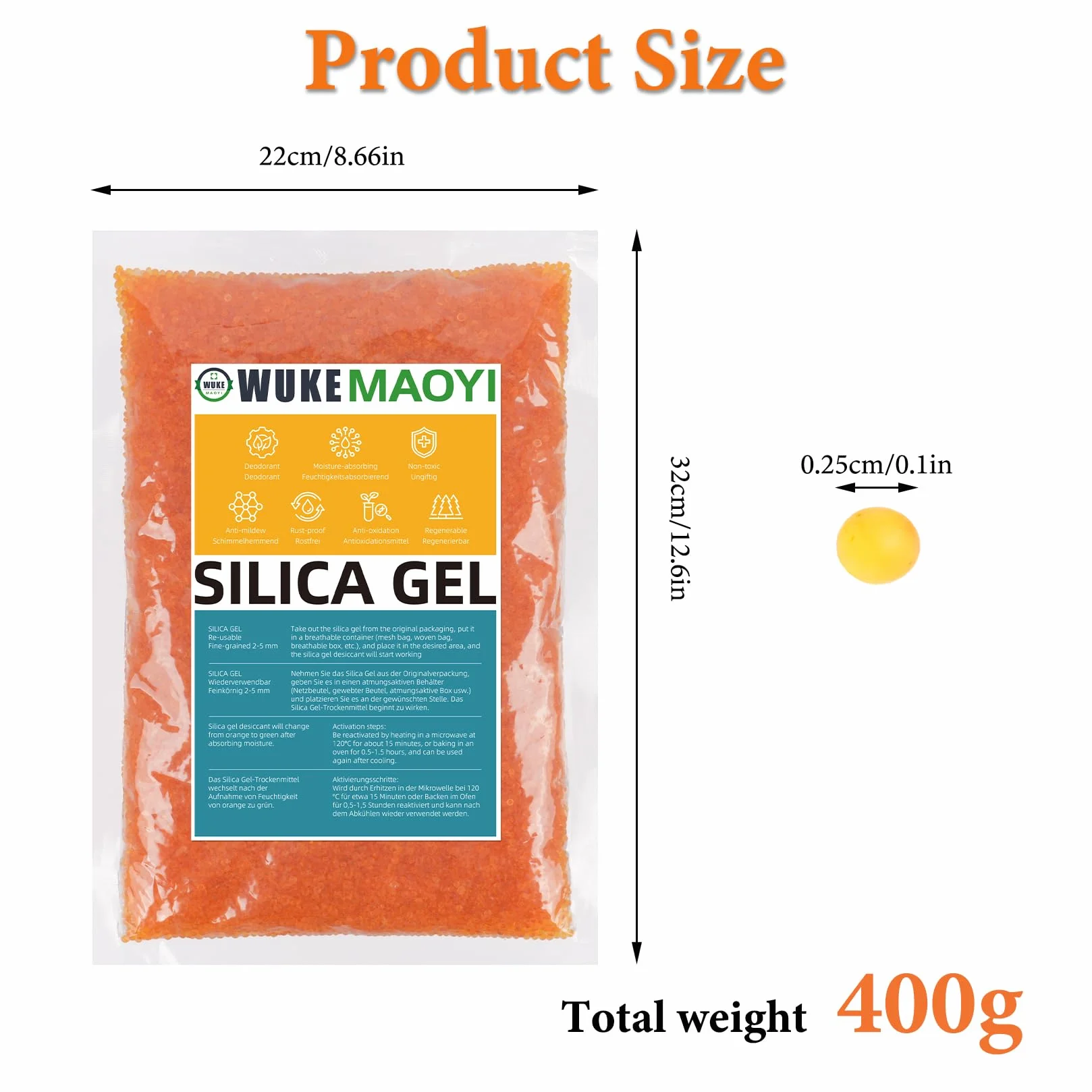 400 g żel krzemionkowy, wielokrotnego użytku, worek z żelu krzemionkowego, środek osuszający, kulki krzemionkowe, żel krzemionkowy, do przechowywania ubrań, urządzeń, osuszaczy samochodowych, ze