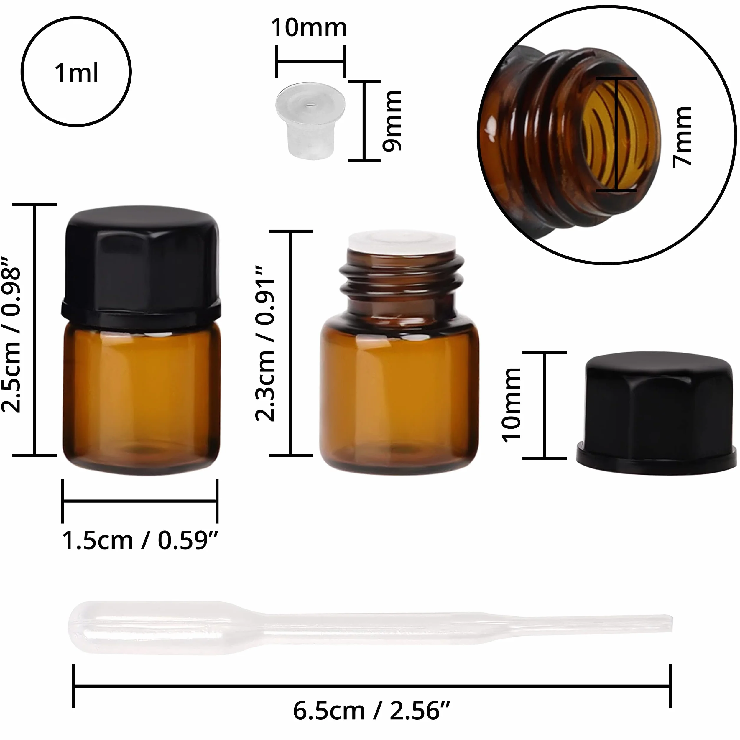 BELLE VOUS 50 sztuk butelek na próbki olejków eterycznych, 1 ml, butelki ze szkła bursztynowego z wkładkami, do wielokrotnego napełniania, z czarnymi zakrętkami i zakraplaczami, do olejów, zapachów