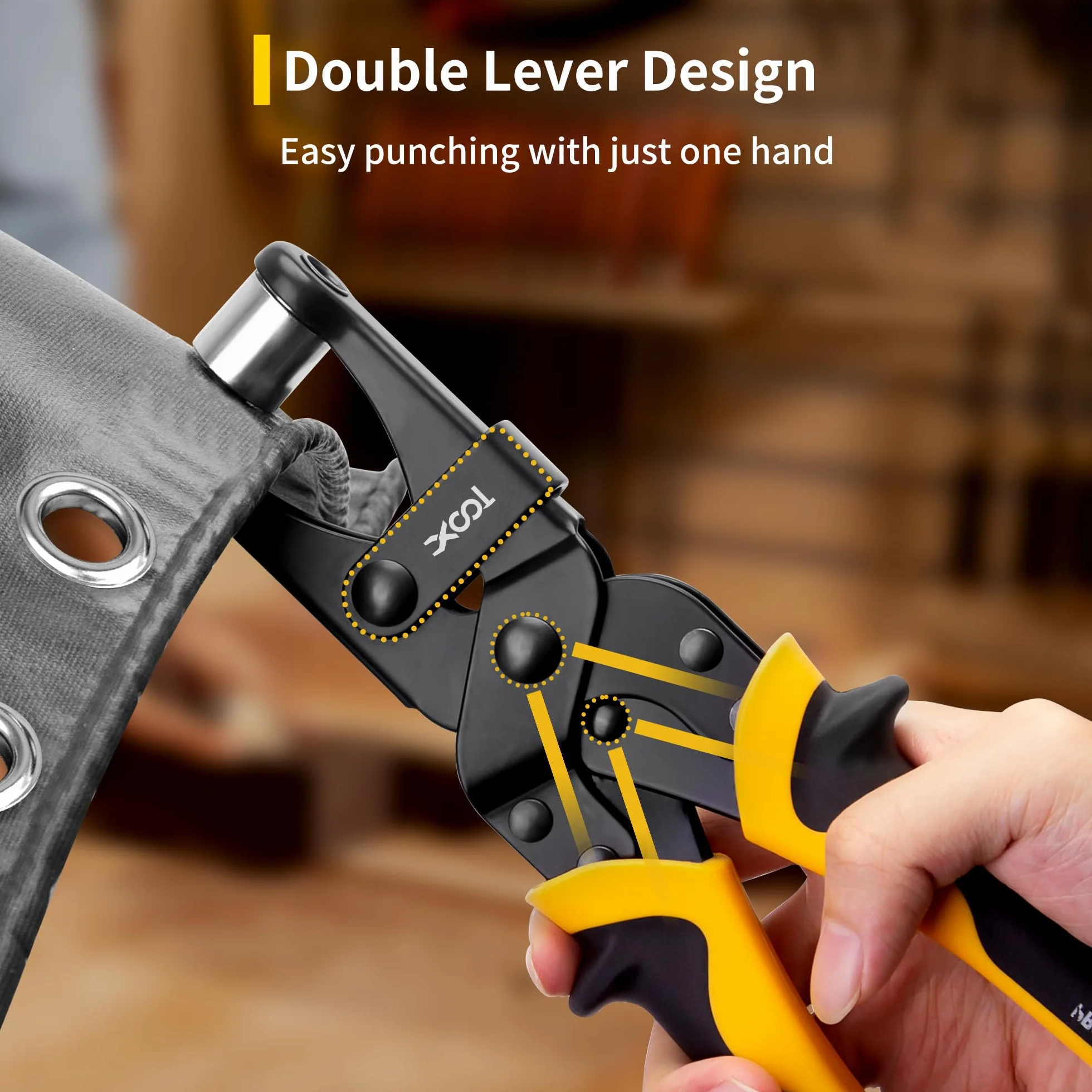XOOL Zestaw do zakuwania oczek 10 mm – 200 kompletów oczek z magnetycznym pozycjonowaniem, wytrzymałe szczypce do oczek z wycinakiem otworów do plandek, płótna, tkanin, banerów, skóry i projektów DIY