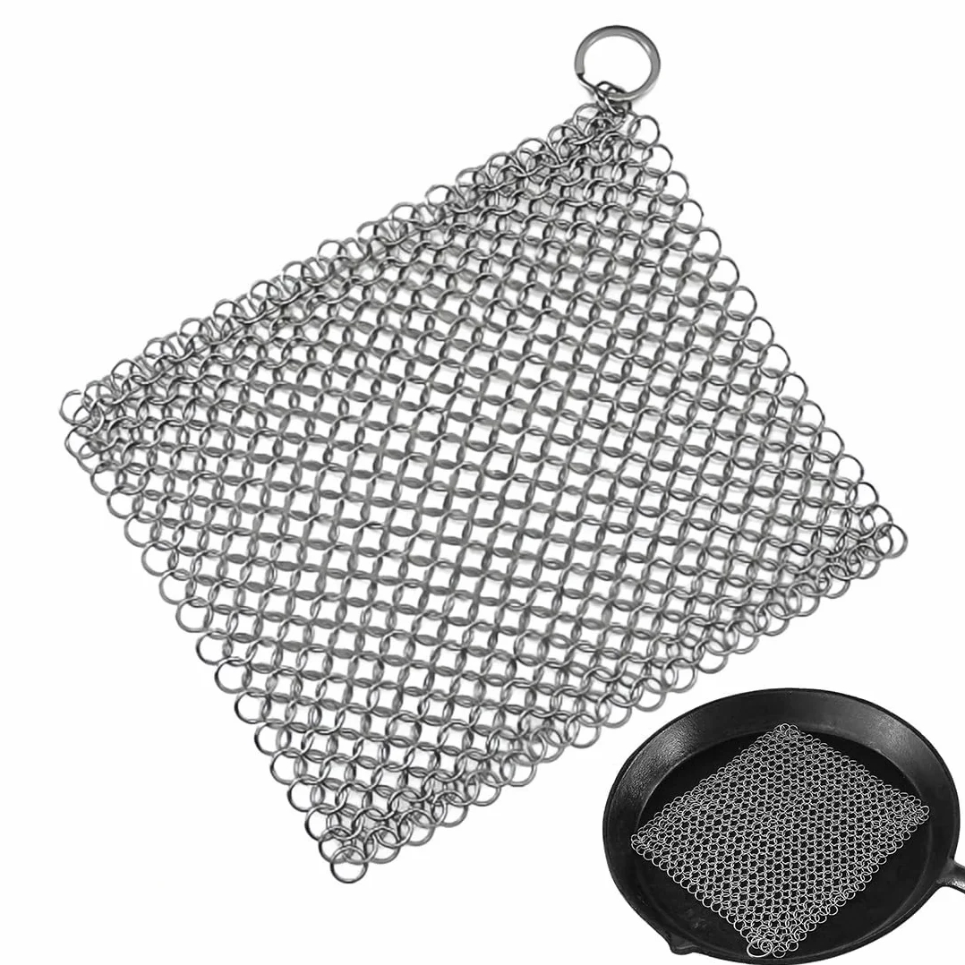 Voarge Żeliwny środek do czyszczenia, 17,5 x 17,5 cm, stal nierdzewna, szczotka do czyszczenia łańcuchów do wszystkich rodzajów patelni, patelni żeliwnych, grilli i Dutch Oven