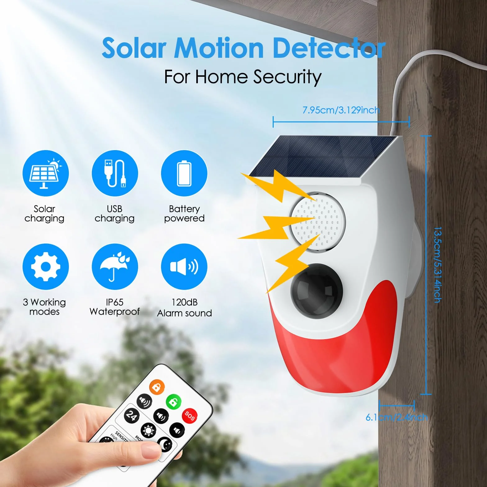 Cuteefun Alarm solarny z czujnikiem ruchu 120 dB 3 tryby pracy bezprzewodowy