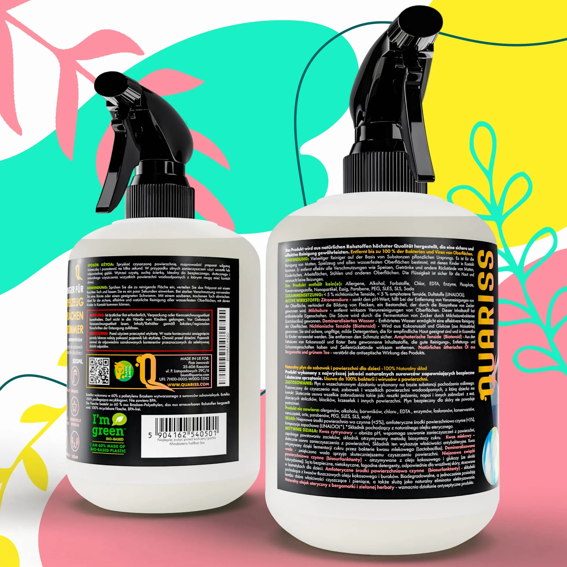 Naturalny środek czyszczący do zabawek i powierzchni w pokoju dziecięcym - spray higieniczny dla małych dzieci i niemowląt, mata, krzesło, stół, wegański, bez alergenów 500 ml