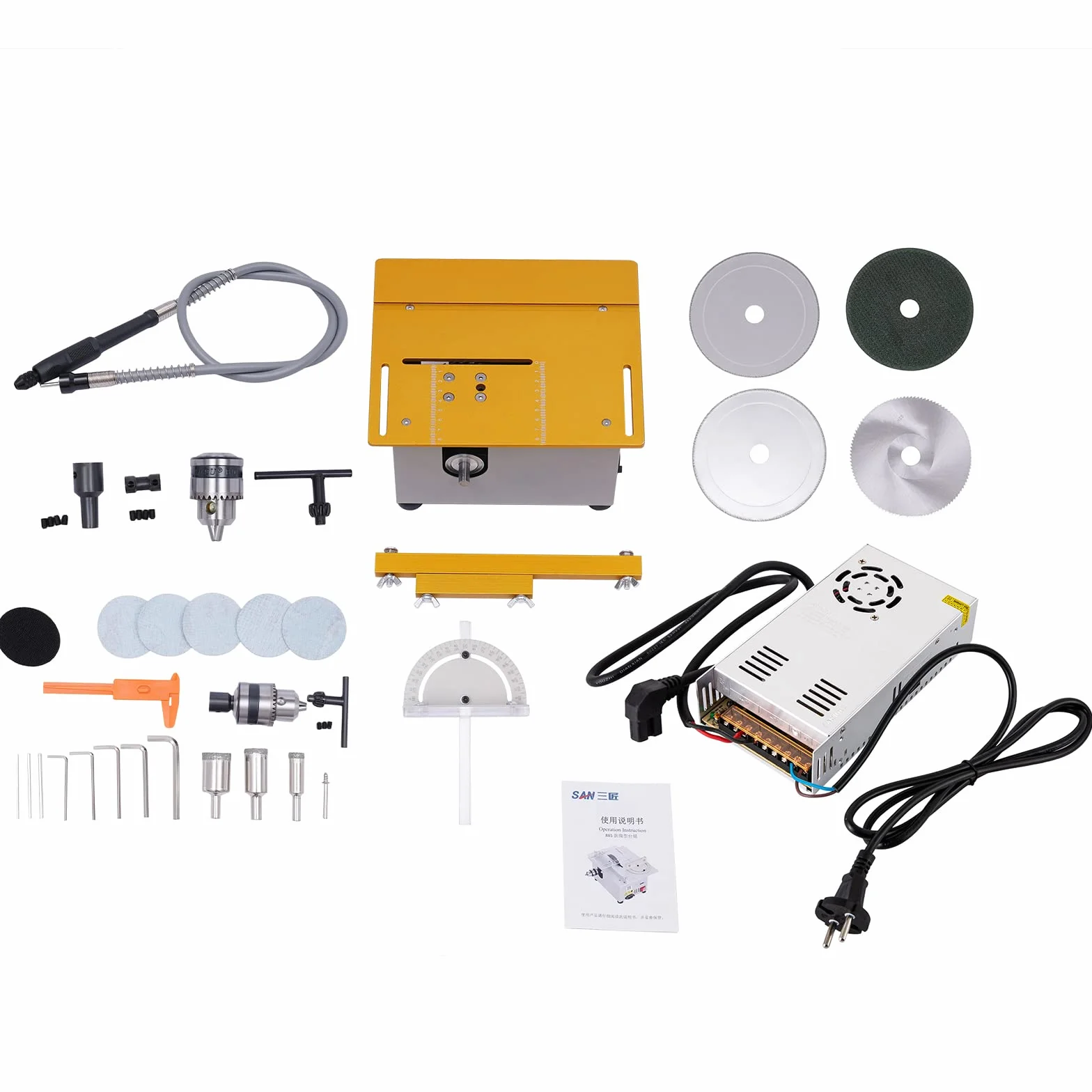 Stołowa piła tarczowa, 300 W, mini piła stołowa z 4 brzeszczotami, regulowany kąt, grubość cięcia 0-29 mm, 9000 obr./min, elektryczna stołowa piła tarczowa do cięcia, szlifowania