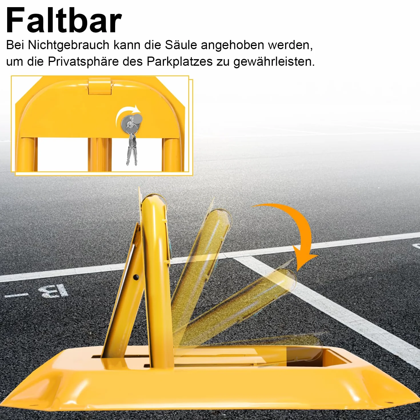 Eulenke Blokada parkingowa 1 sztuka, blokada parkingowa z 3 kluczami, składany pałąk parkingowy z 4 śrubami rozporowymi, uniwersalny bloker parkingowy zamykany z metalu, kolor żółty, do parkingów,