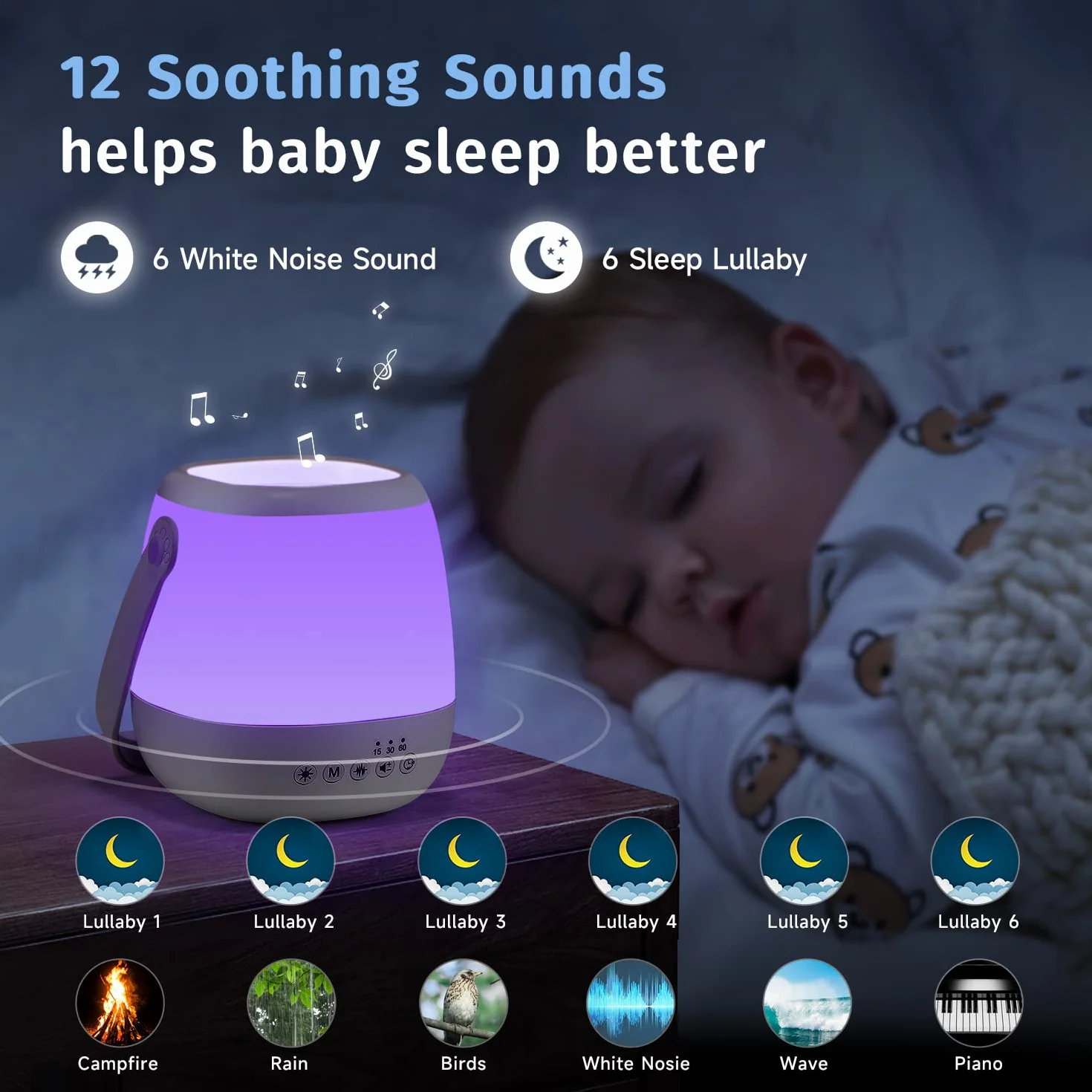One Fire Lampka nocna dla niemowląt z funkcją ściemniania, 12 dźwiękami, 16 kolorami + automatyczny timer, pomoc w zasypianiu