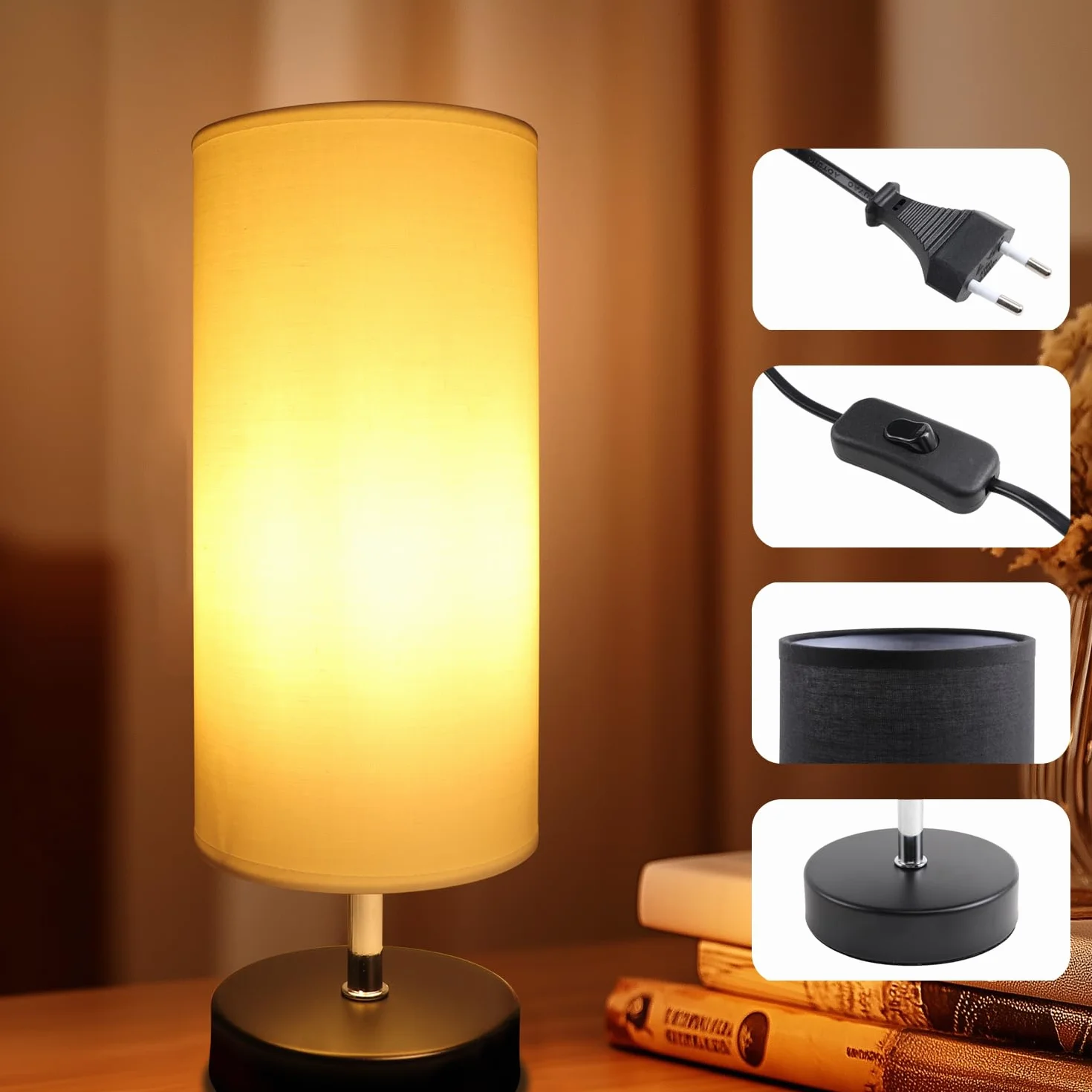 Lampka nocna biała z żarówką 6 W, oprawa E27 z przełącznikiem kablowym, 3 temperatury barwowe 3000 K/4000 K/6500 K z funkcją pamięci, nowoczesna lampa stołowa LED do sypialni, salonu