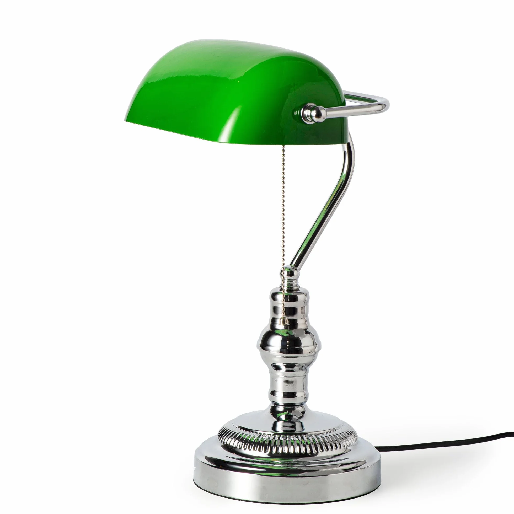 BARCELONA LED Vintage Lampka Stołowa Bankierska z Chromowaną Metalową Podstawą i Zielonym Szklanym Kloszem – Regulowana Retro Lampka Biurkowa E27 do Biura, Salonu, Sypialni i Restauracji