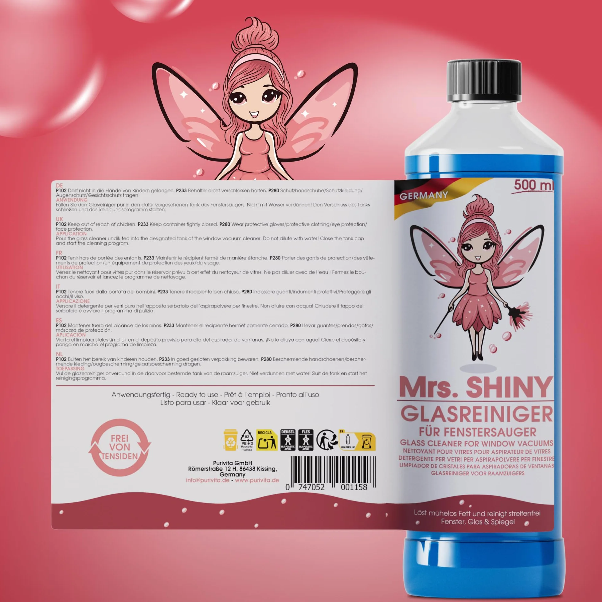 MRS. SHINY Środek do czyszczenia szyb do mycia okien [500 ml] środek do czyszczenia okien – bez smug – formuła bez piany, gotowy do użycia – rozpuszcza tłuszcz i kurz, idealny do szkła, luster i