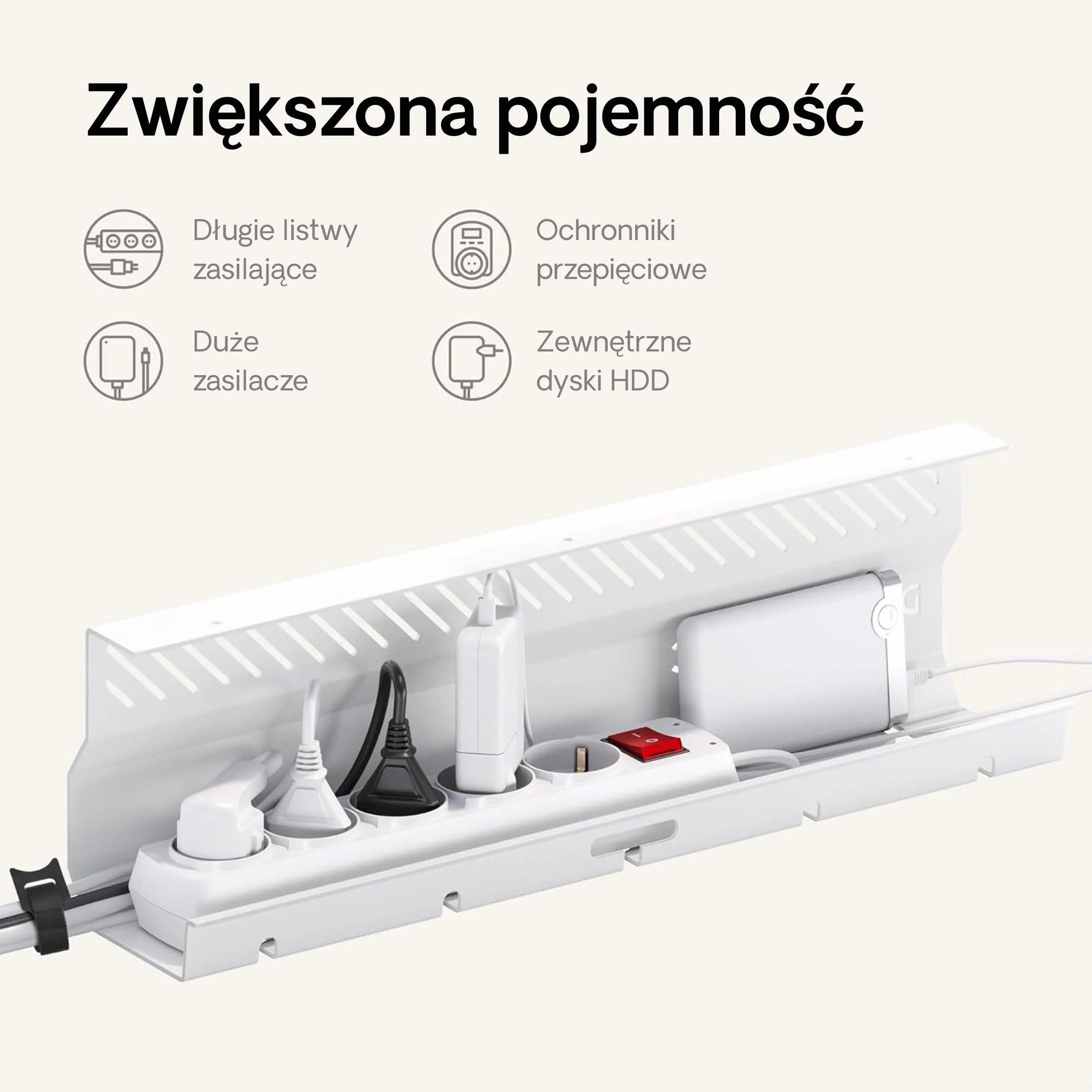 Organizer kablowy, biały, zestaw 2 szt. – stal nierdzewna, do zarządzania kablami, kanał kablowy z 5 otworami na kable – łatwy w montażu organizer – uchwyt na kable Desktronic