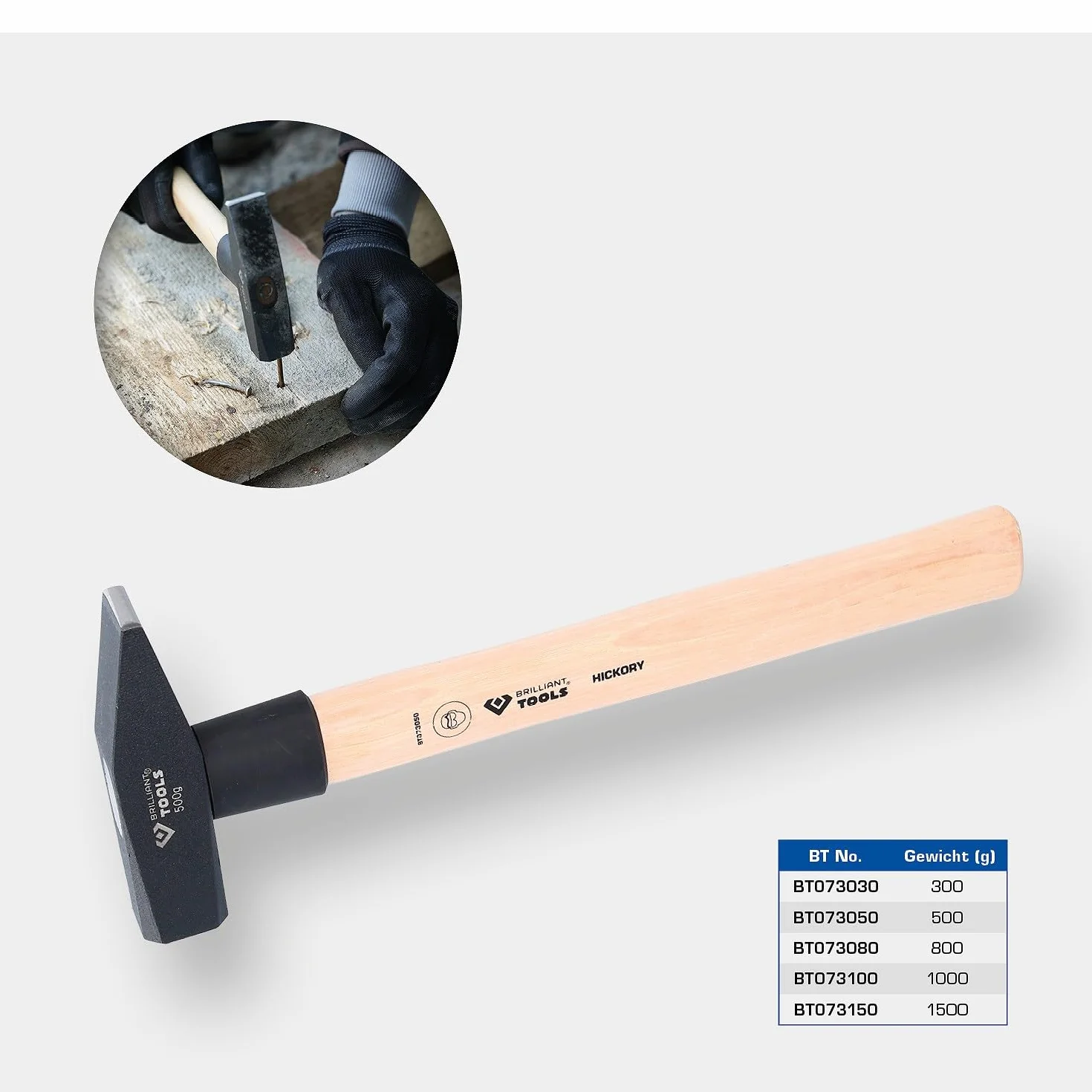 BRILLIANT TOOLS BT073050 młotek ślusarski z trzonkiem Hickory, 500 g [Powered by KS Tools]