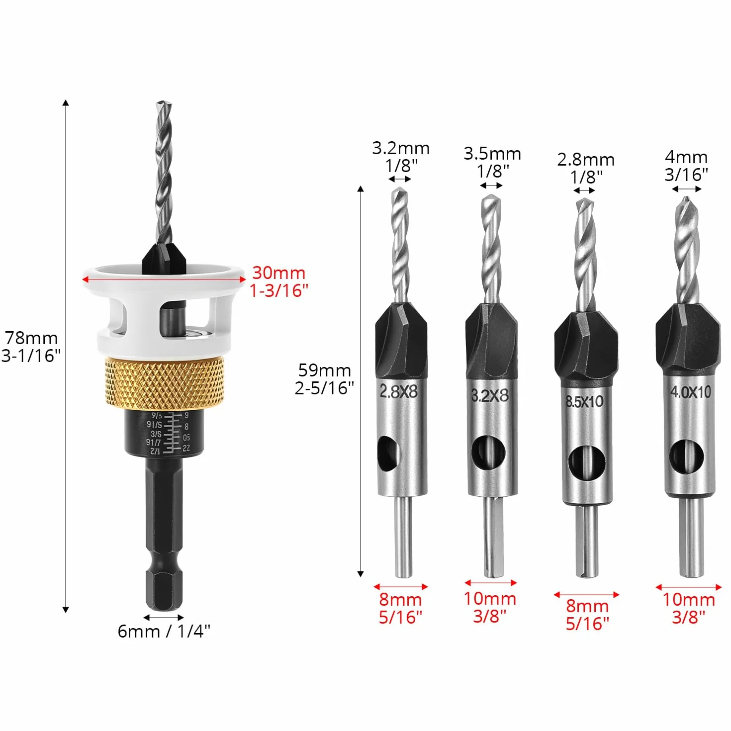 QWORK® 6-częściowy zestaw wierteł z ogranicznikiem głębokości, Ø 2,8/3,2/3,5/4 mm x 8 mm, HSS-M2, wiertła do drewna do precyzyjnych otworów wpuszczanych, chwyt sześciokątny 1/4"