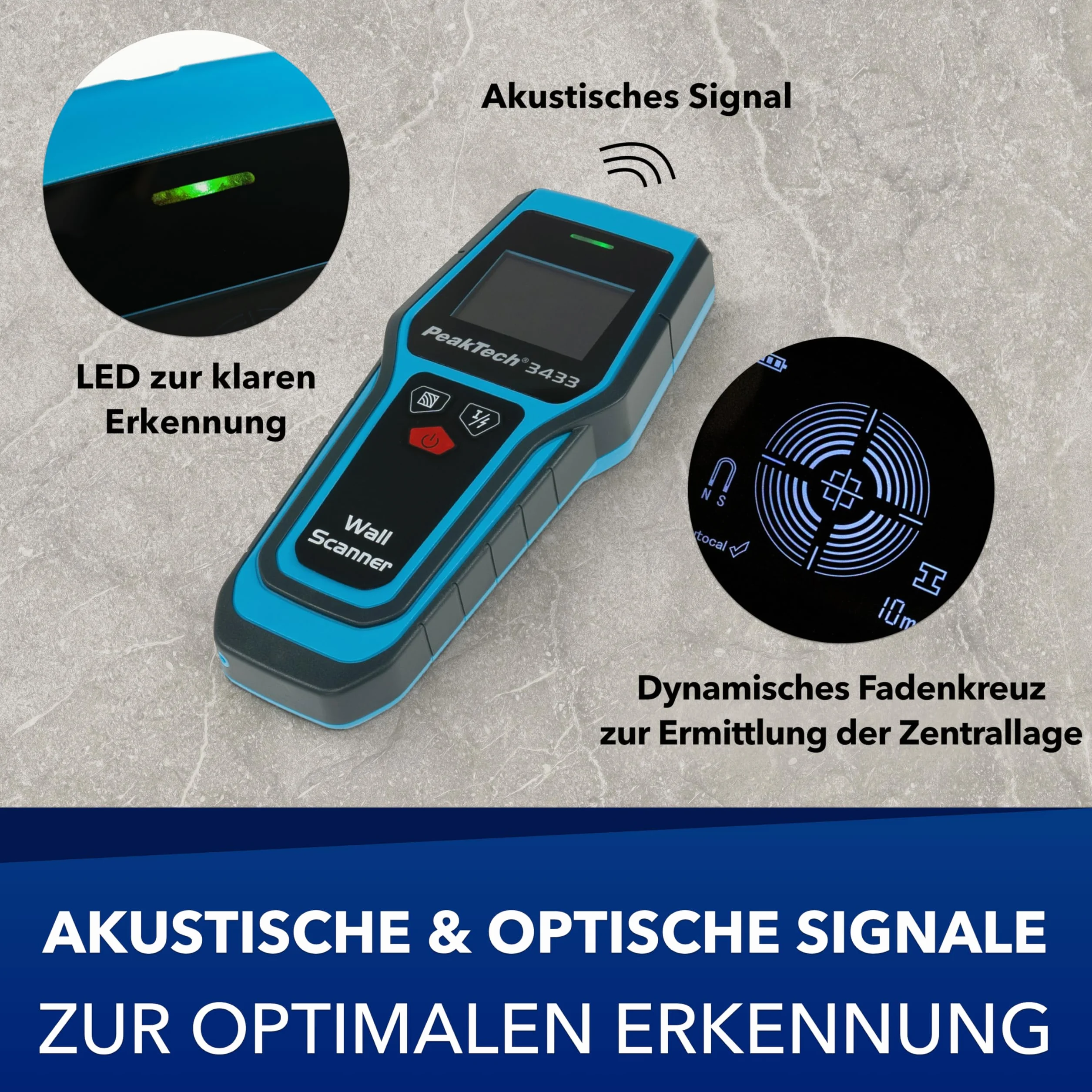 PeakTech 3433 - Cyfrowy skaner ścienny, cyfrowy lokalizator, wykrywacz kołków, głębokość wykrywania 20-120 mm, wykrywacz linii, wykrywanie metali, automatyczne wyłączanie