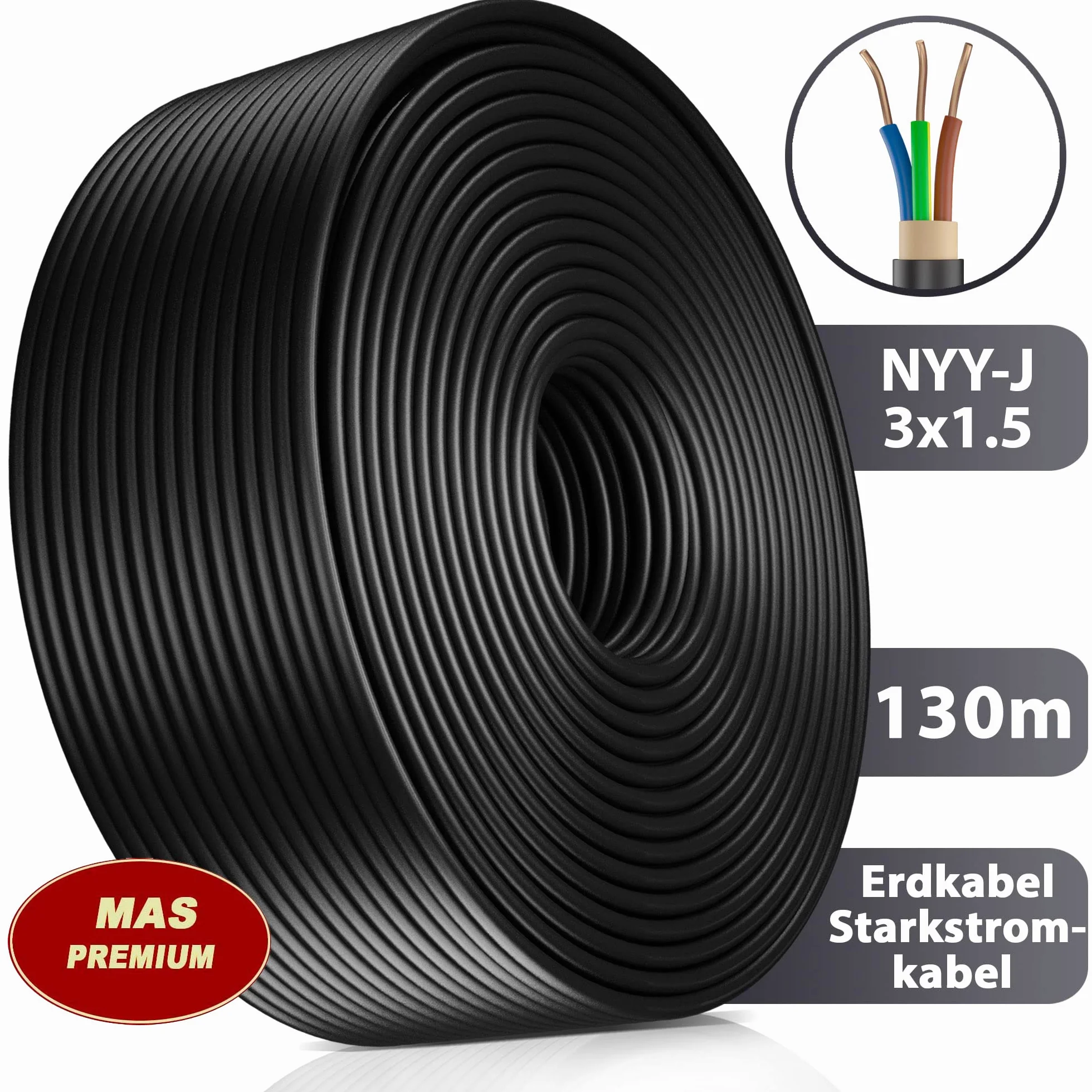 Kabel ziemny, kabel zasilający od 5 m do 170 m NYY-J 3 x 1,5 mm², kabel elektryczny zwój, do układania na wolnym powietrzu, w ziemi (130 m)