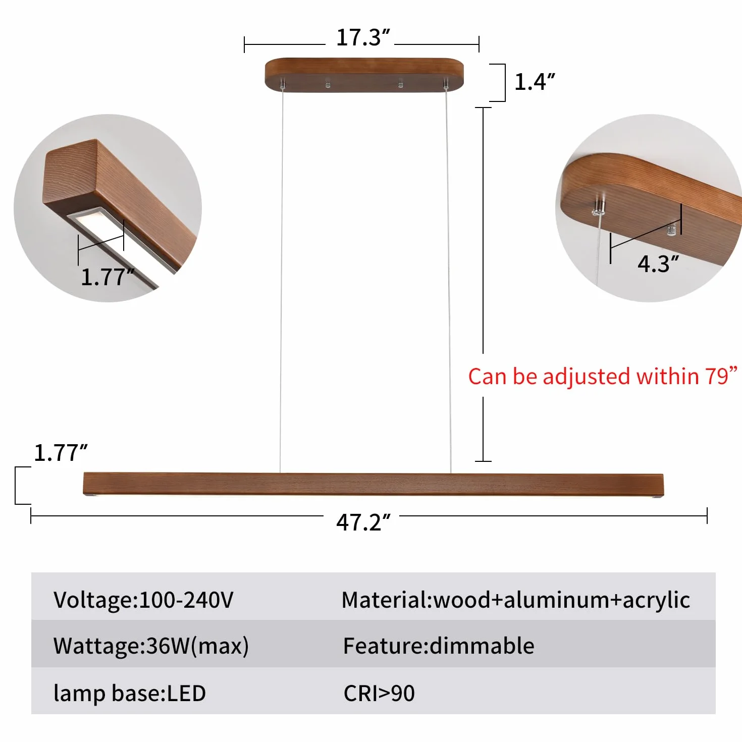 YISDESIGN 119 cm drewniane liniowe lampy wiszące nowoczesne LED 36 W ściemniane oświetlenie sufitowe wiszące światła drewniane liniowe żyrandole do kuchni wyspy jadalni stół bilardowy kolor orzecha