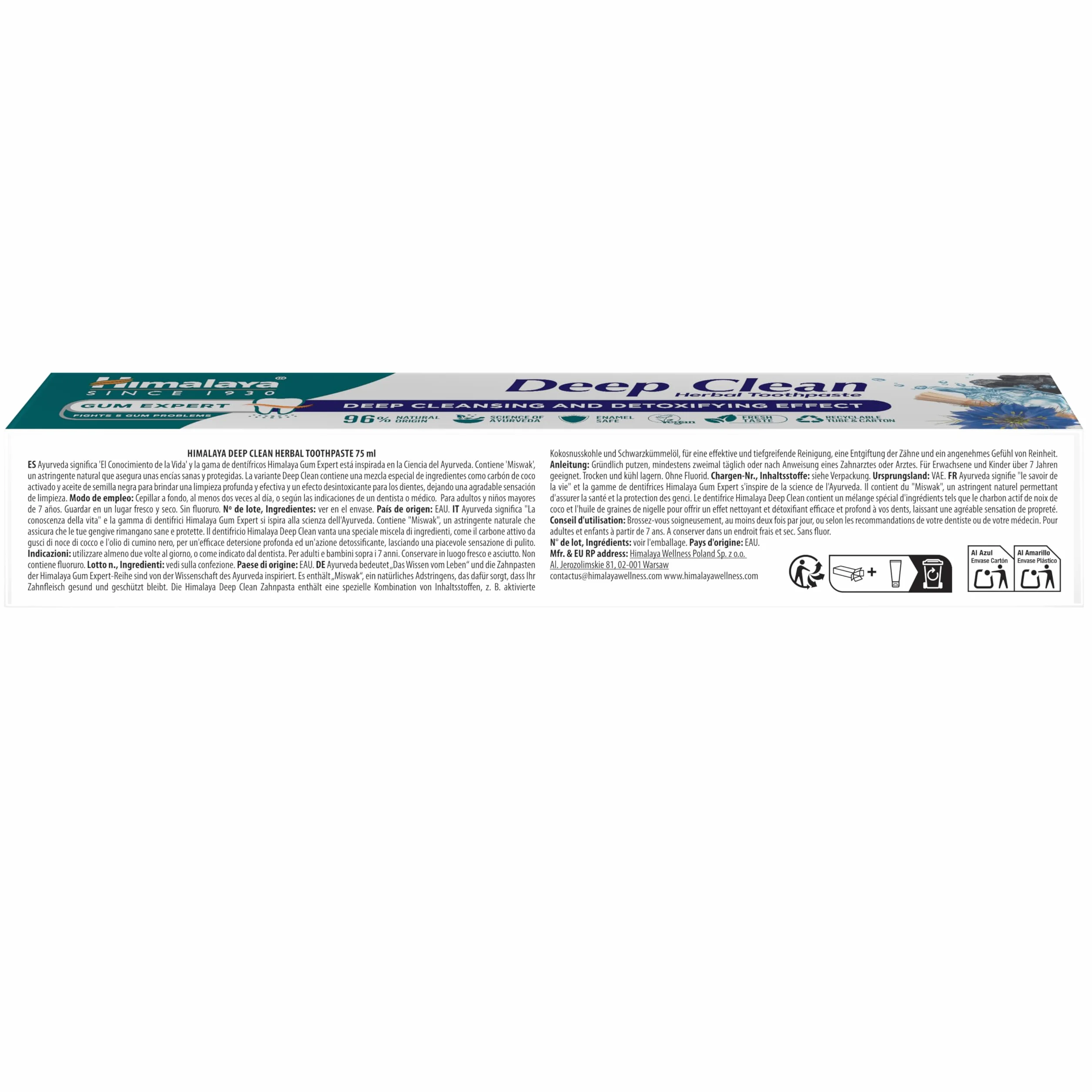 Himalaya Deep Clean Ziołowa Pasta do Zębów 75ml – Głęboko Oczyszczająca, 96% Składników Naturalnego Pochodzenia, Bez Fluoru, Technologia Enzymów Roślinnych, Z Miswakiem i Olejem z Czarnuszki