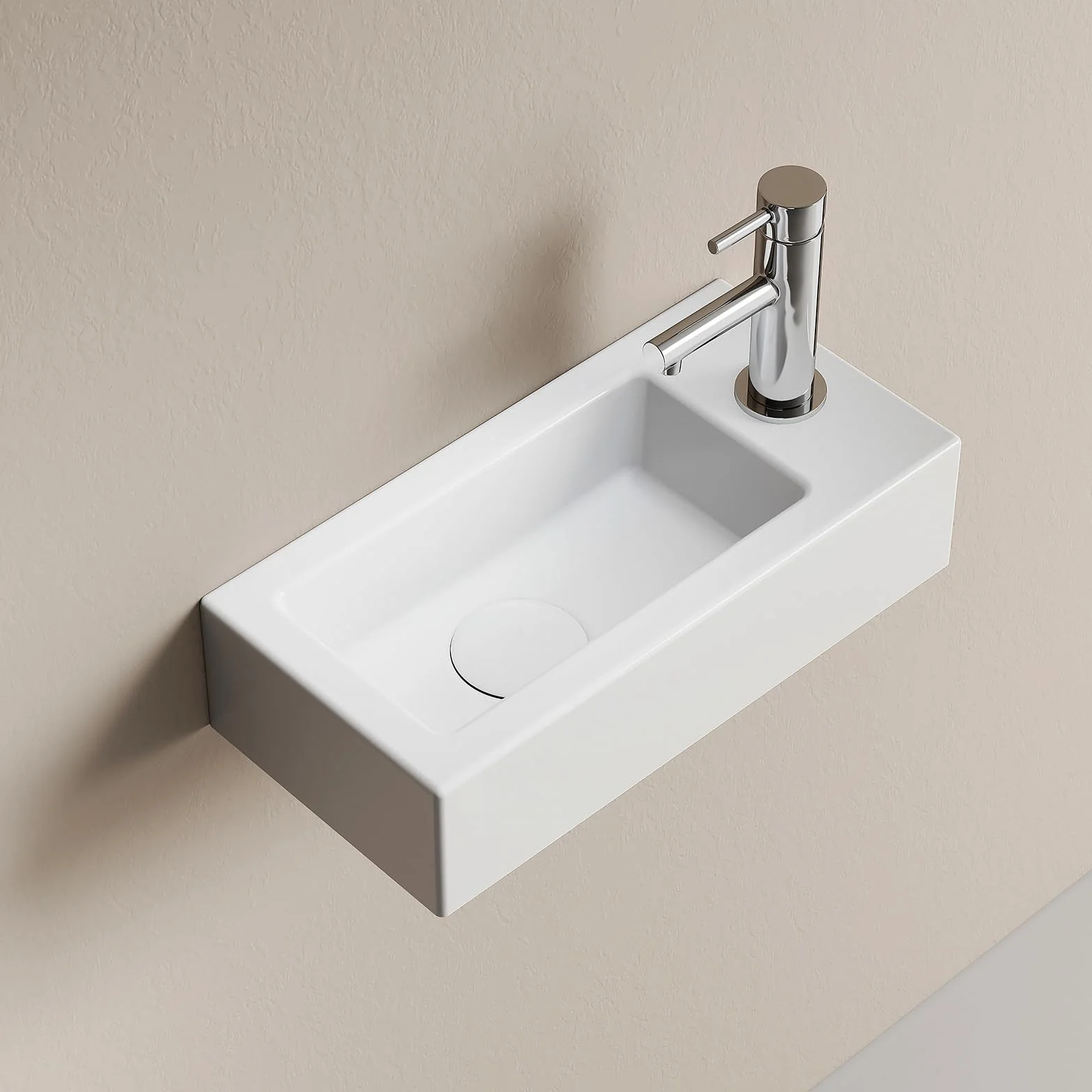 EMKE Umywalka wisząca 365 x 180 x 90 mm - kompaktowa i elegancka umywalka do małych łazienek i toalet dla gości - kran z prawej strony, montaż ścienny, jasny biały