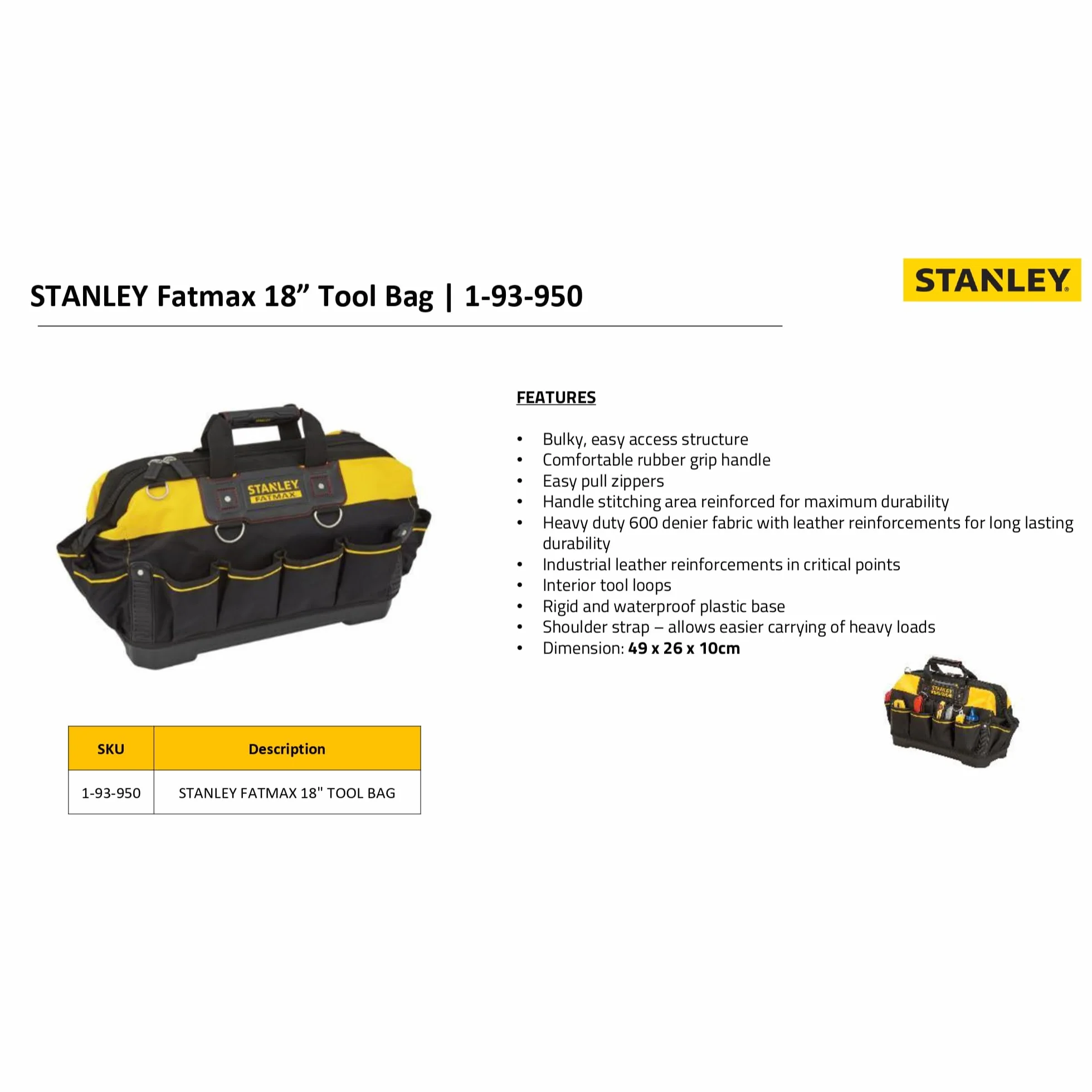 Stanley FatMax, Torba narzędziowa z uchwytem z trwałego materiału (Denier 600), 18', 1-93-950