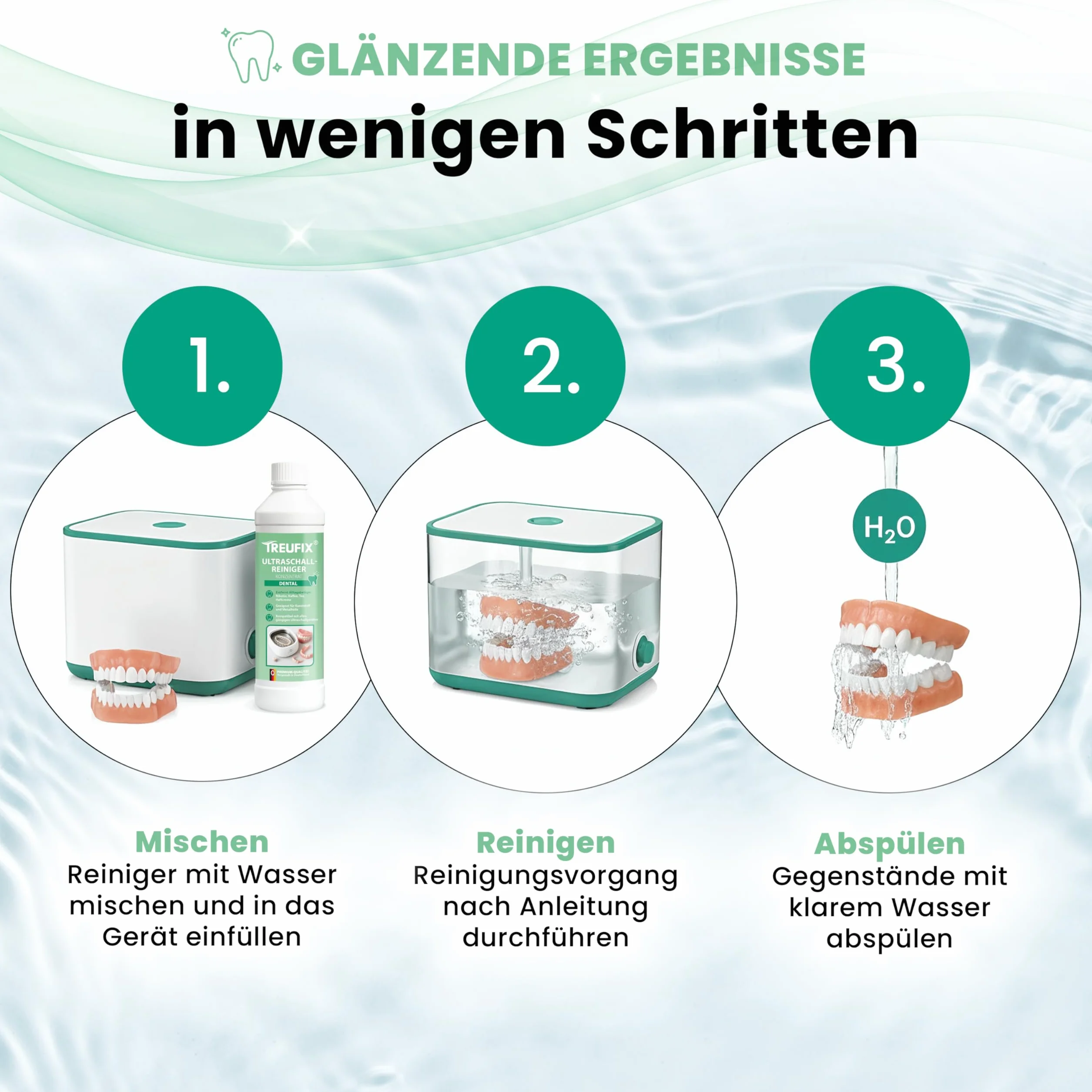 Treufix Koncentrat do czyszczenia ultradźwiękowego Dental 750 ml – do protez, protez, protez, spinek, szyn, skuteczne czyszczenie produktów dentystycznych, chroni materiał i efektywność – Made in DE