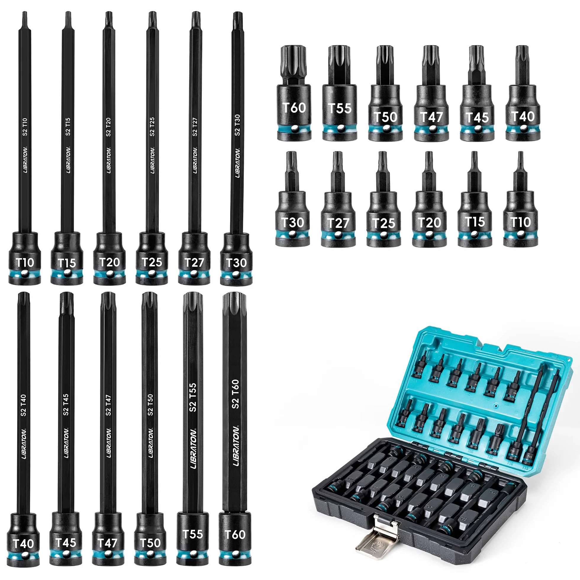 LIBRATON Zestaw nasadek bitowych i Torx 3/20,3 cm, bardzo długie gniazdo Torx, gniazda bitowe ze stali stopowej S2, T10-T60