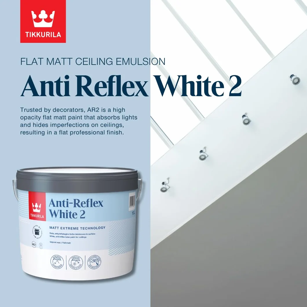 TIKKURILA Anti Reflex 2 – płaska matowa, wysoka kryjąca, farba sufitowa – zero błysku – 3 litry