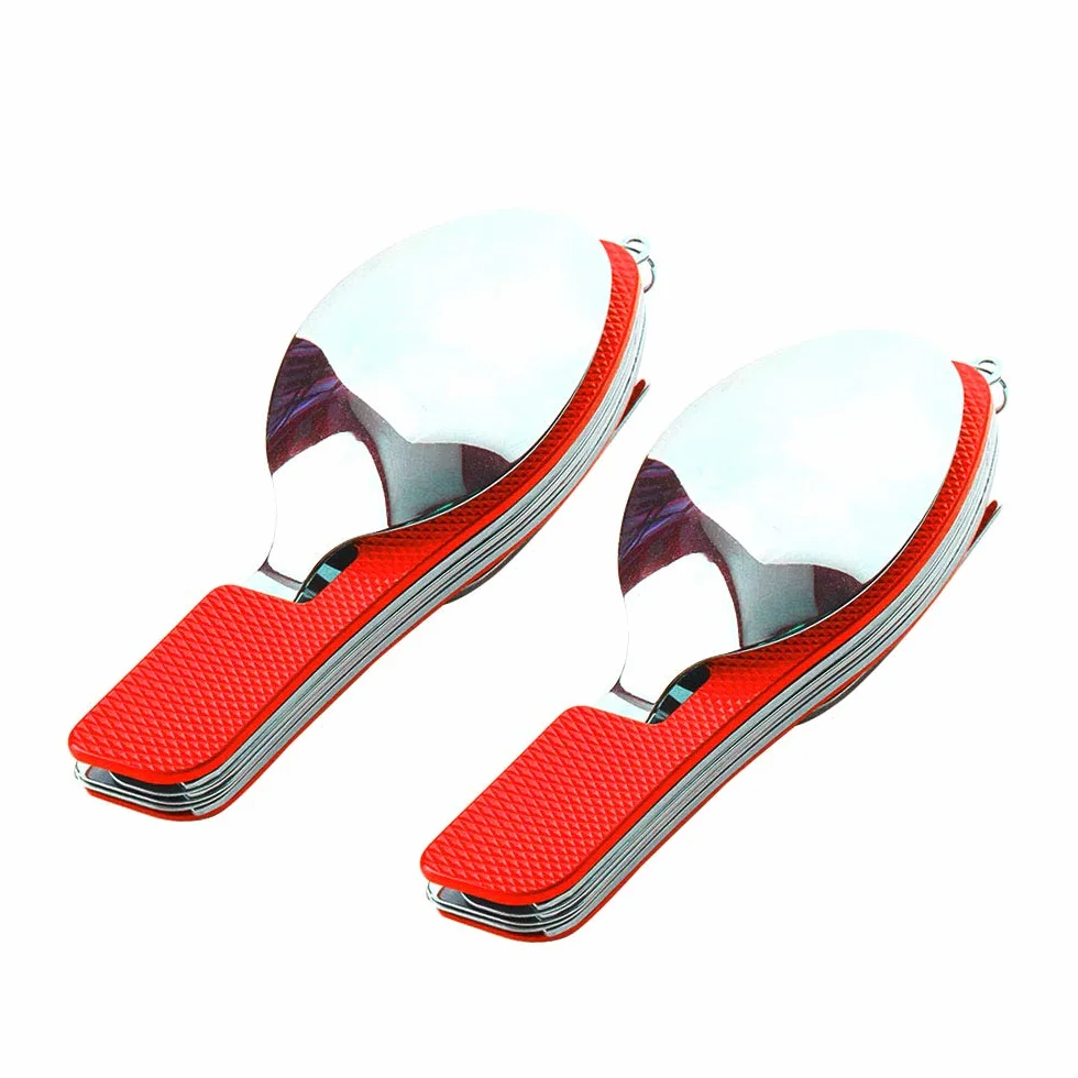 2 szt. Premium sztućce kempingowe 4 w 1, składane sztućce 4 w 1, stal nierdzewna zestaw sztućców kempingowych outdoor, zestaw nóż widelec łyżka otwieracz do butelek (czerwony)