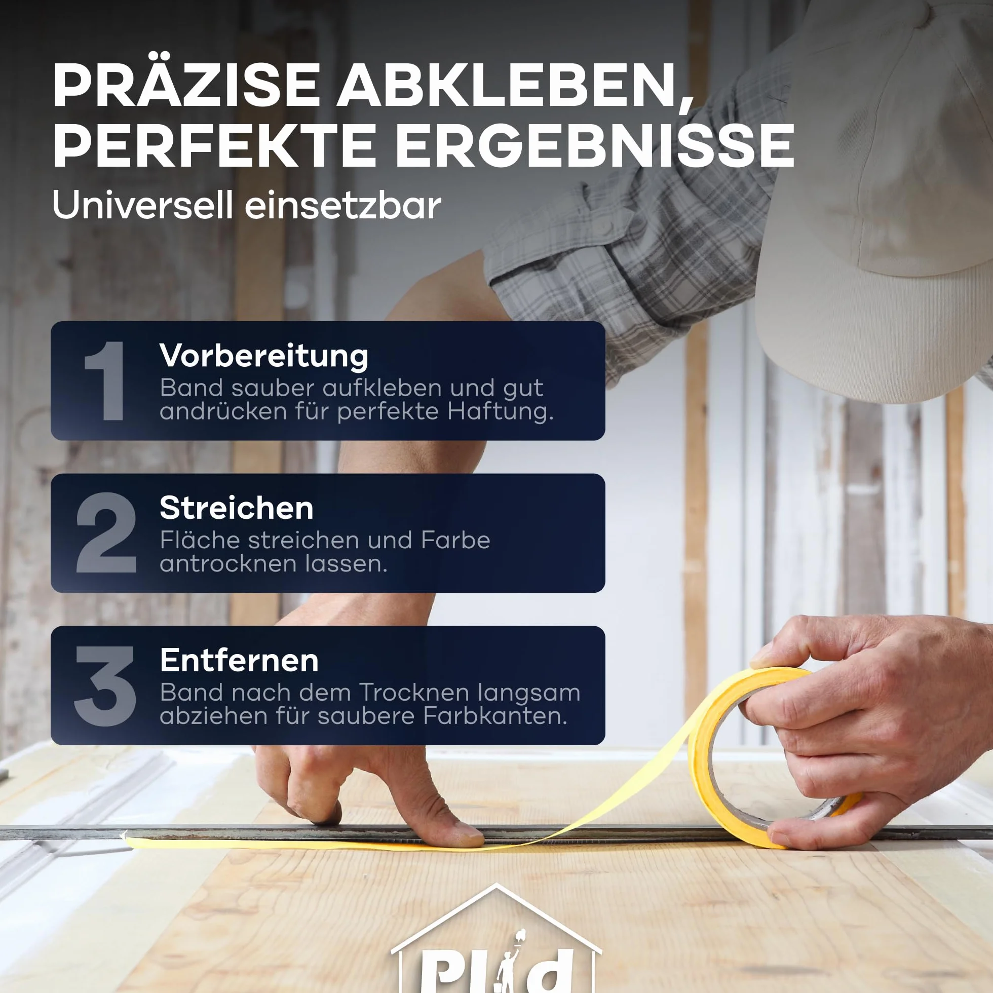 Plid® Goldband taśma malarska [wodoodporna] – taśma klejąca do malowania na mokro – do wewnątrz i na zewnątrz – taśma klejąca, malarska, zapobiega rozlewaniu się kolorów – taśma klejąca malarska (19