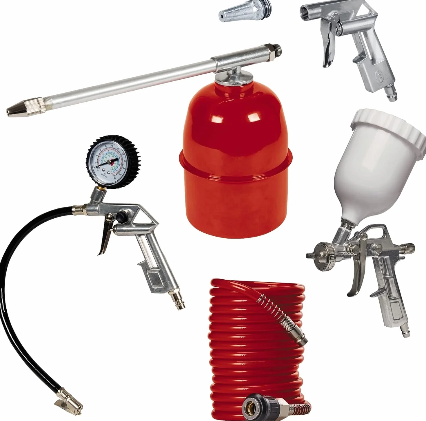 Einhell 4010393 Przenośna Sprężarka z Manometrem i Reduktorem Ciśnienia 1500 W 230 V Czerwony/Czarny 22,34 kg & Einhell Zestaw Narzędzi Pneumatycznych, Wielokolorowy, None None