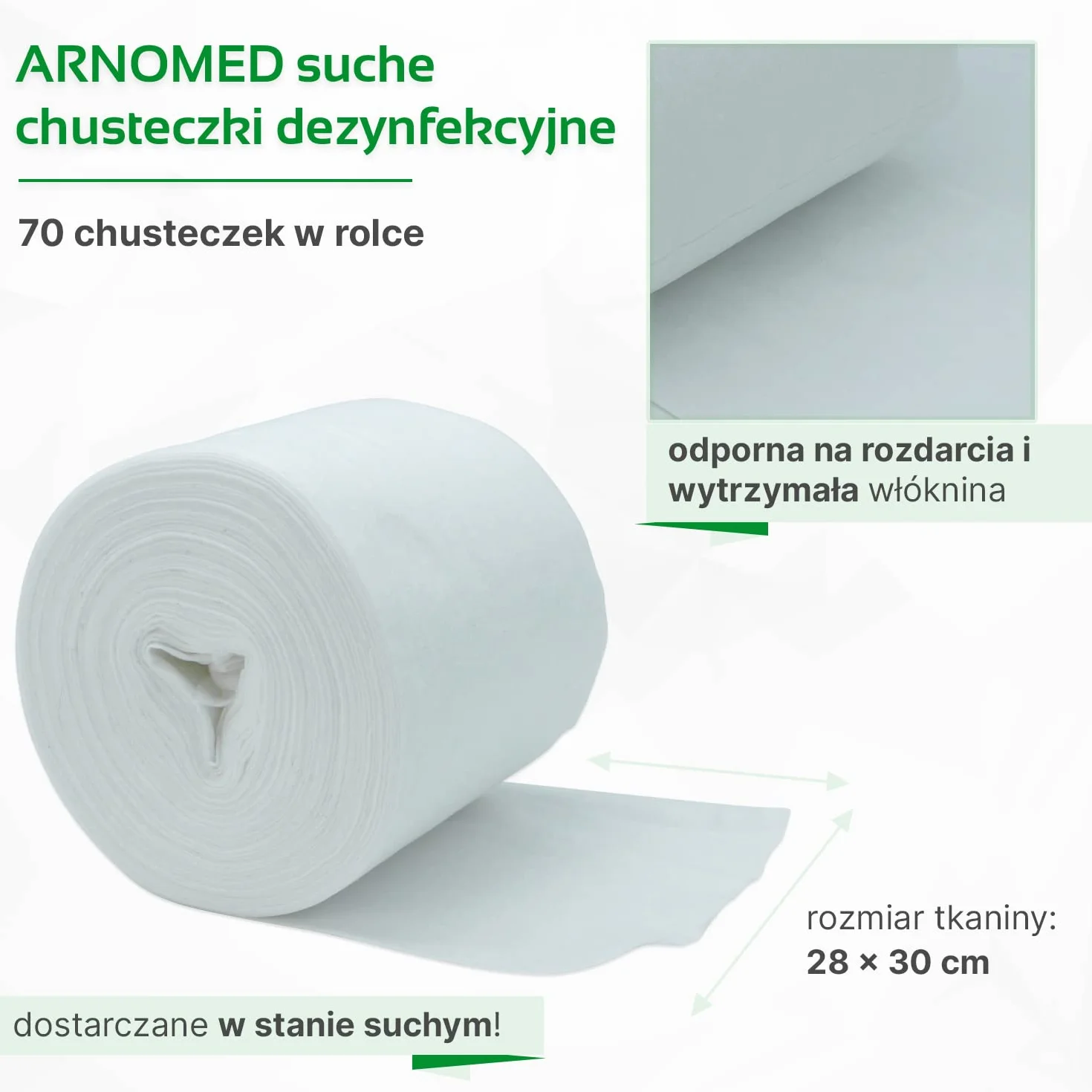 ARNOMED suche chusteczki dezynfekcyjne, 70 arkuszy w rolce z włókniny, chusteczki do dezynfekcji i czyszczenia powierzchni, do stosowania w połączeniu z wiadrem z dozownikiem i środkiem dezynfekcyjnym