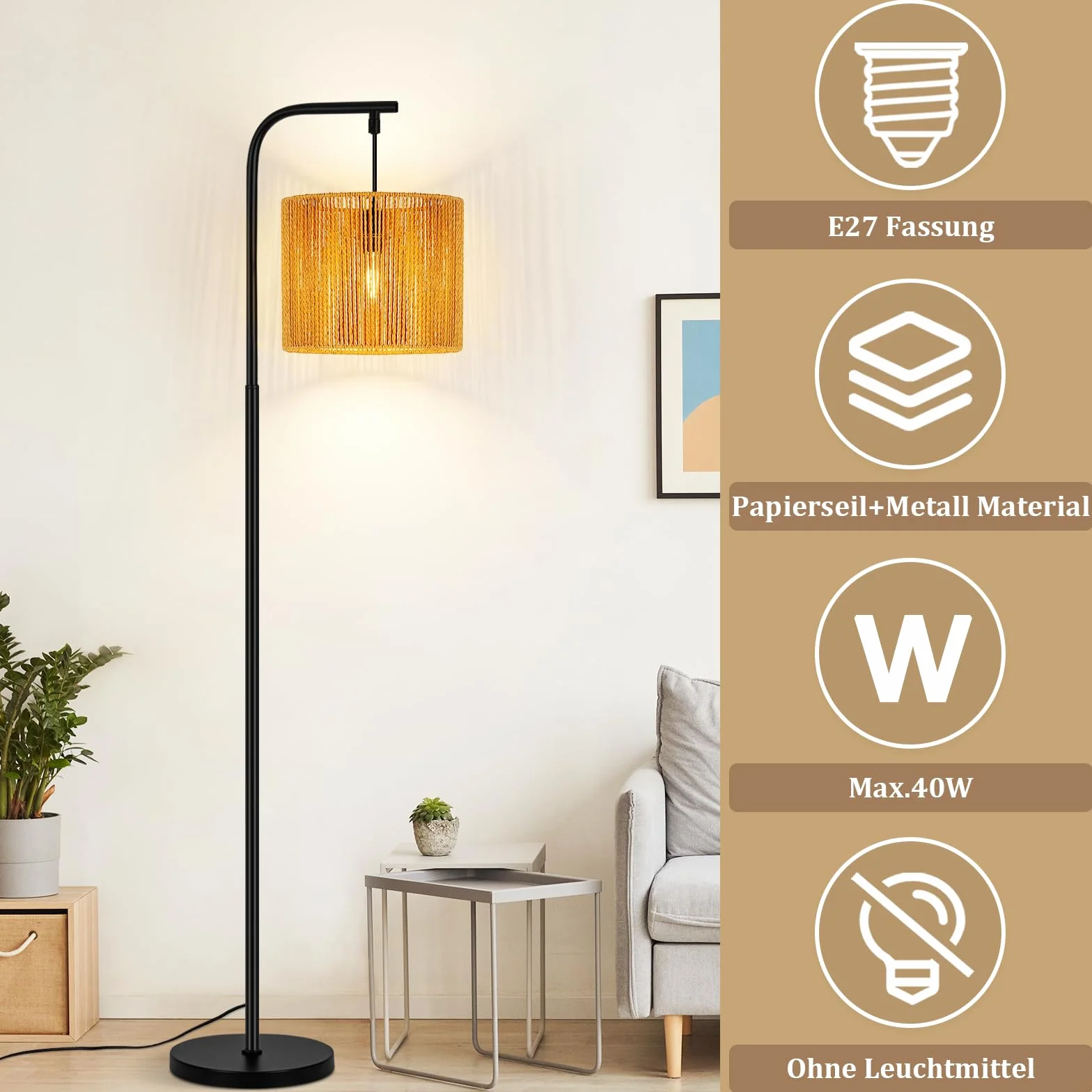 lampa podłogowa boho nowoczesna łukowa konstrukcja z czarnym | linowym abażurem włącznik nożny gniazdo E27 Idealna do salonu sypialni biura czy tarasu