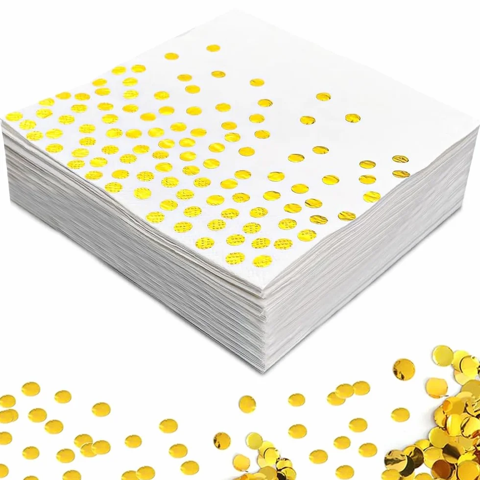 Serwetki papierowe w złote kropki, 60 sztuk złotych foliowanych serwetek papierowych, 2-warstwowe, białe serwetki ze złotymi kropkami, papierowe serwetki na imprezę, urodziny, wesele i święta 33 x 33