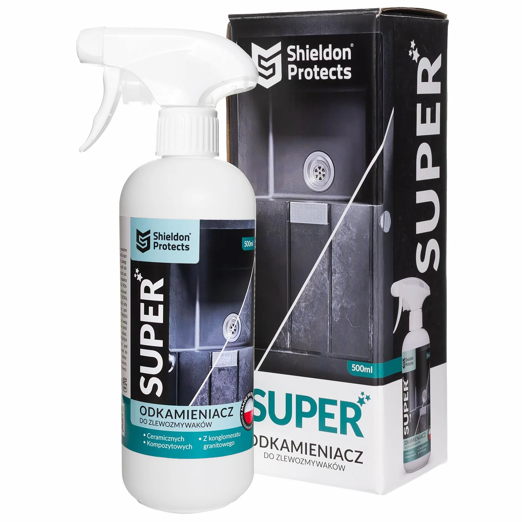 Shieldon Protects SUPER – Silny odkamieniacz do zlewozmywaków granitowych i kompozytowych (np. Silgranit, Fragranit), czajnika, armatury, prysznica, WC – usuwa kamień bez szorowania – 500 ml