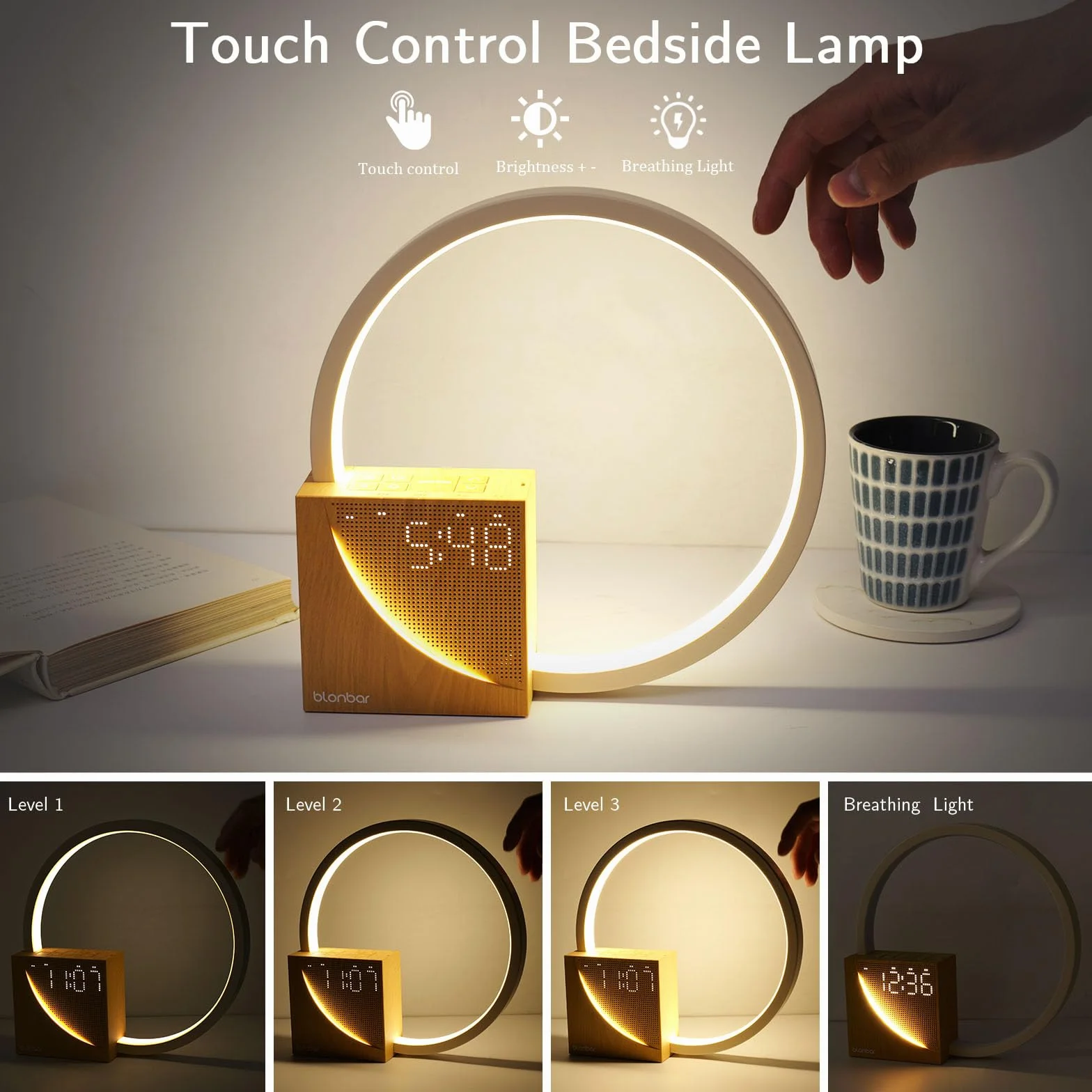Blonbar 10W Lampka Nocna z Ładowaniem USB, Budzik Wake Up Light, Sterowanie Dotykowe, Ściemnialna Lampka Stołowa