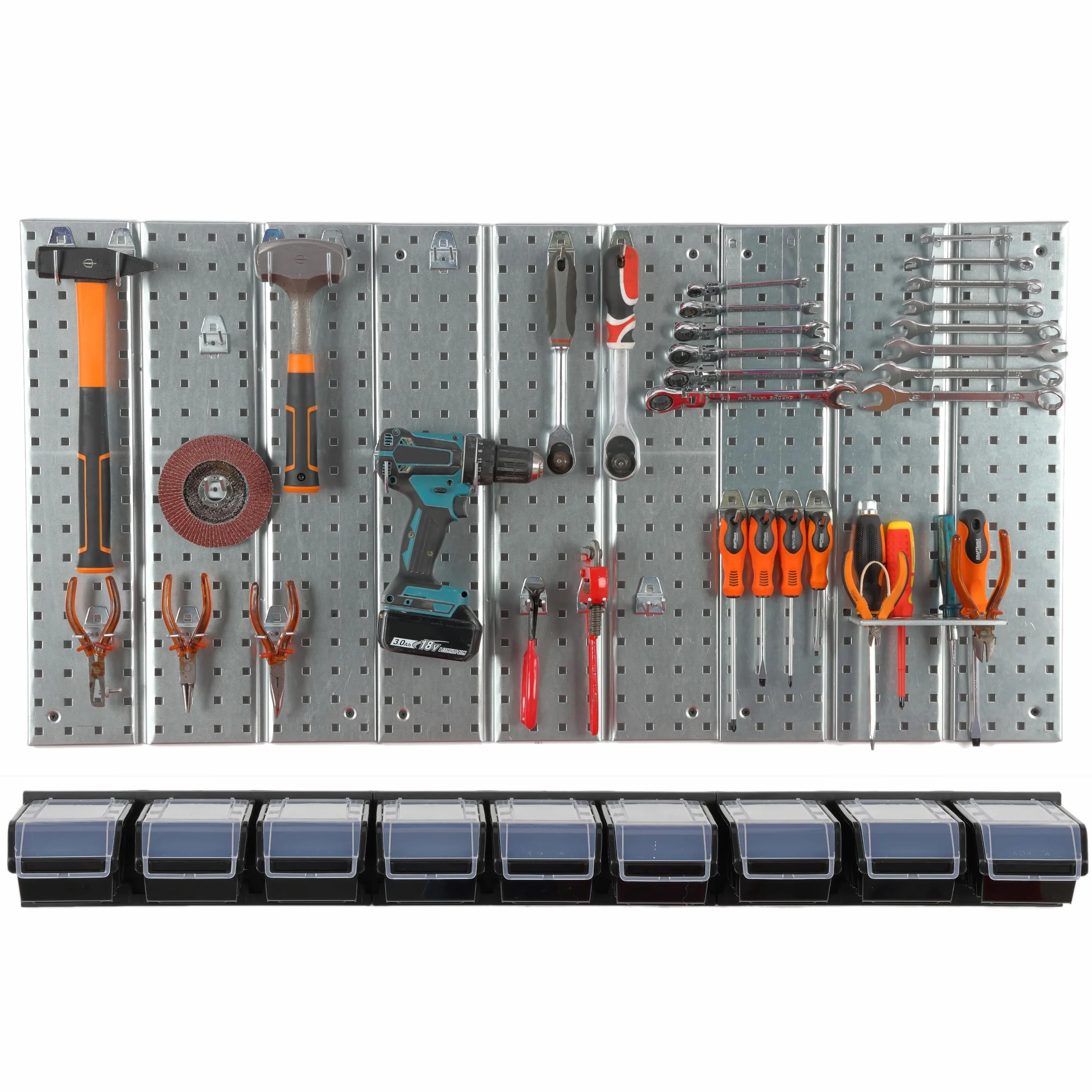 Metalowa ścianka narzędziowa 117 x 72 cm, system przechowywania z uchwytami na narzędzia, hakami narzędziowymi i 9 pudełkami do układania w stos 120 x 200 x 90 mm, kolor: czarny, deska perforowana do