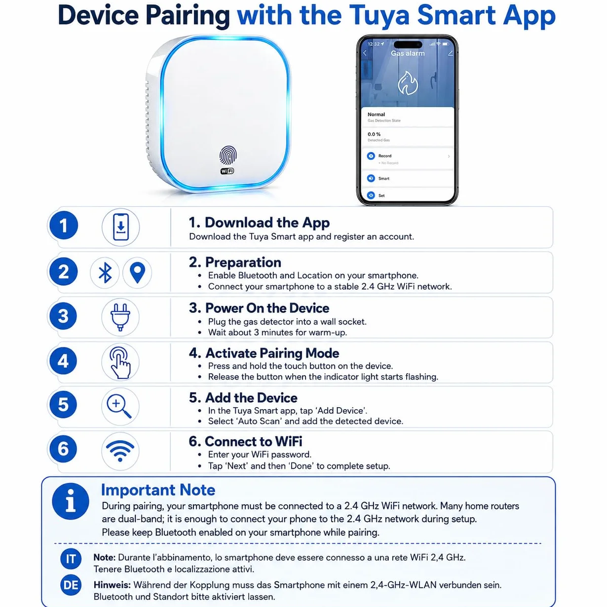 BoundlessBrothers Detektor gazu WiFi, alarm kuchenny 50194, kompatybilny Tuya Smart 2,4 GHz, czujnik wycieku gazu naturalnego, metan, propan, butan, LPG