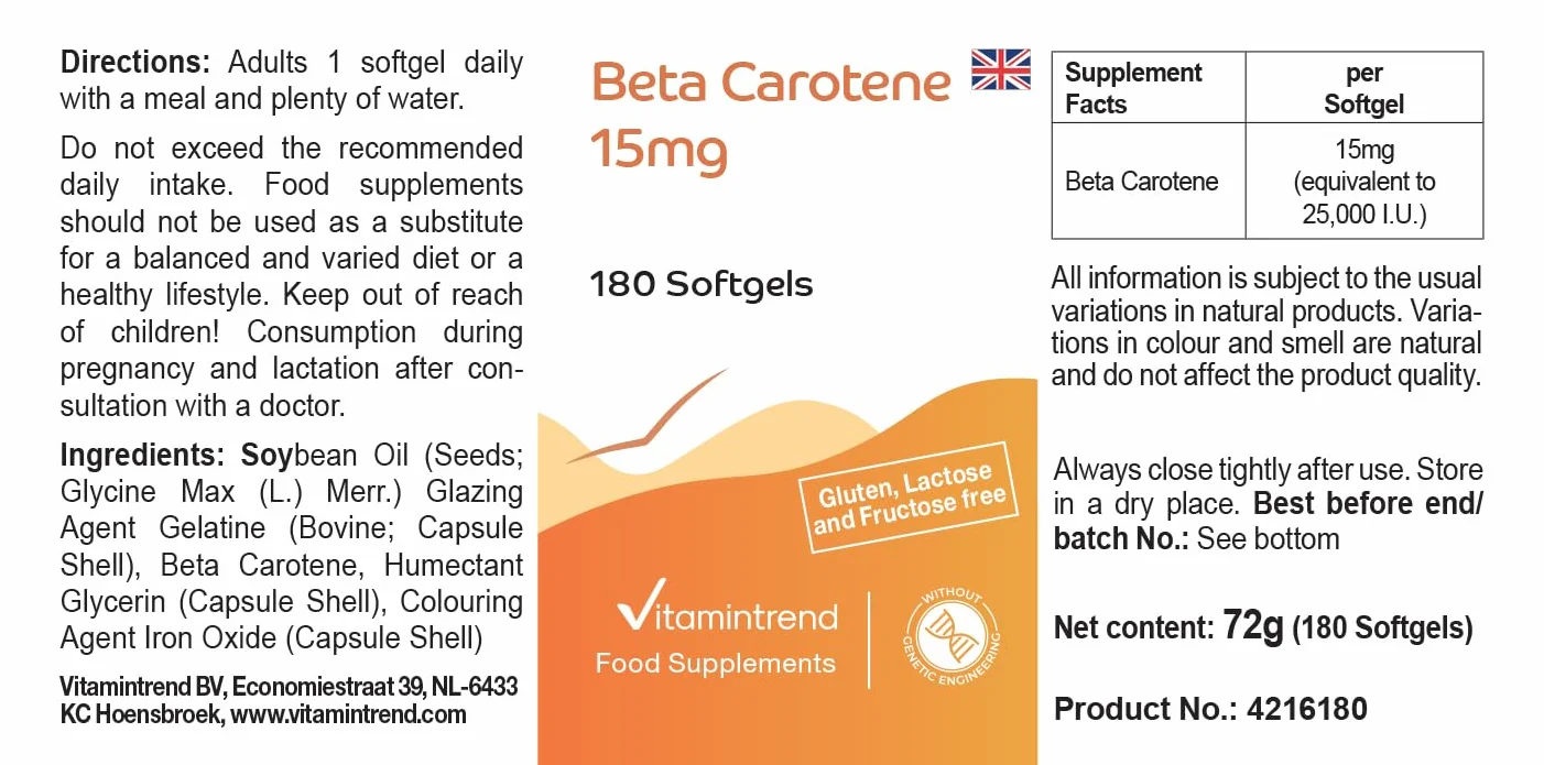 Vitamintrend Beta-karoten 15mg, 180 kapsułek po 15mg (odpowiada 25 000 j.m.), wysoka dawka, bez stearynianu magnezu, wyprodukowane w Niemczech.