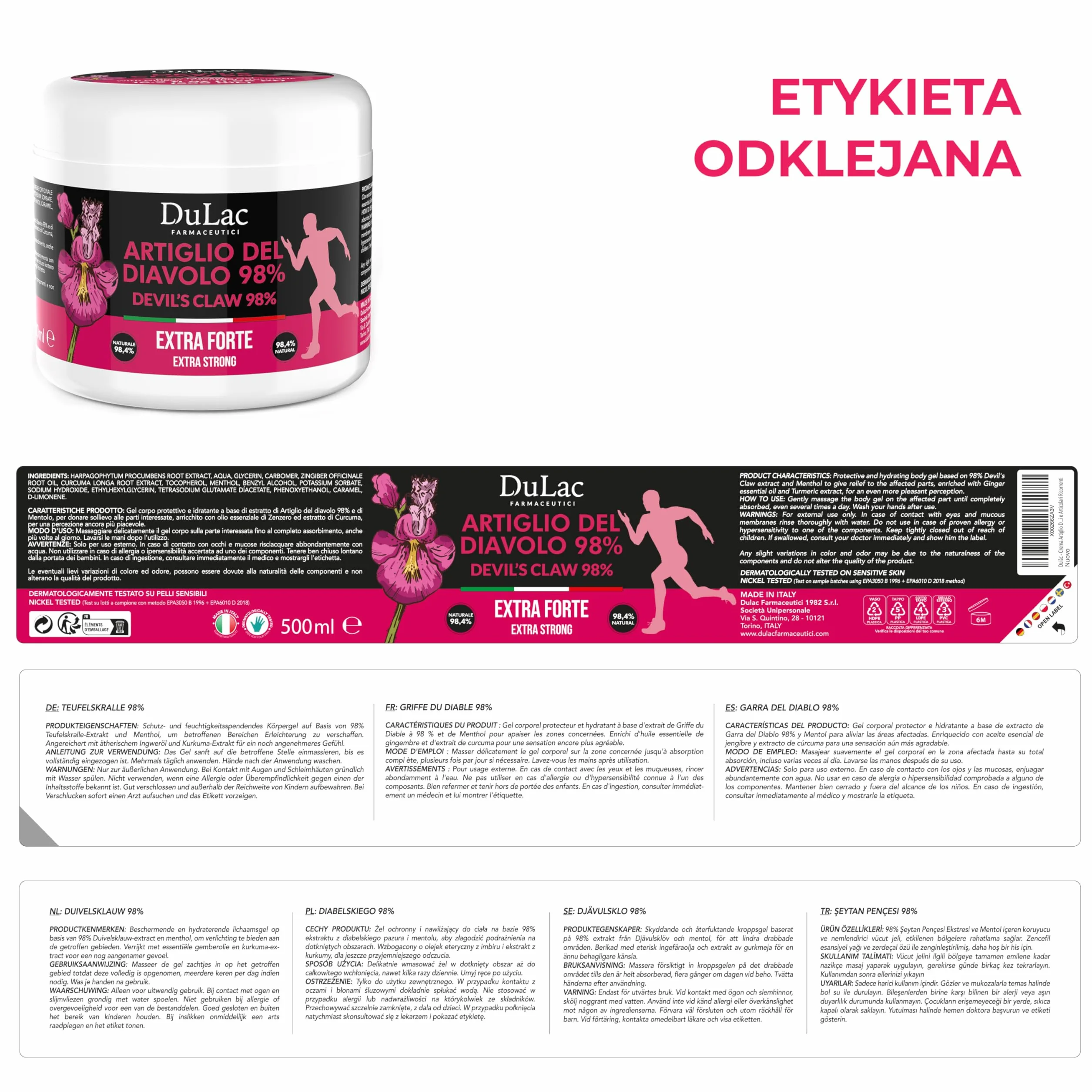 Dulàc Devil's Claw Gel Extra Strong 98% 500 ml do masażu stawów i mięśni