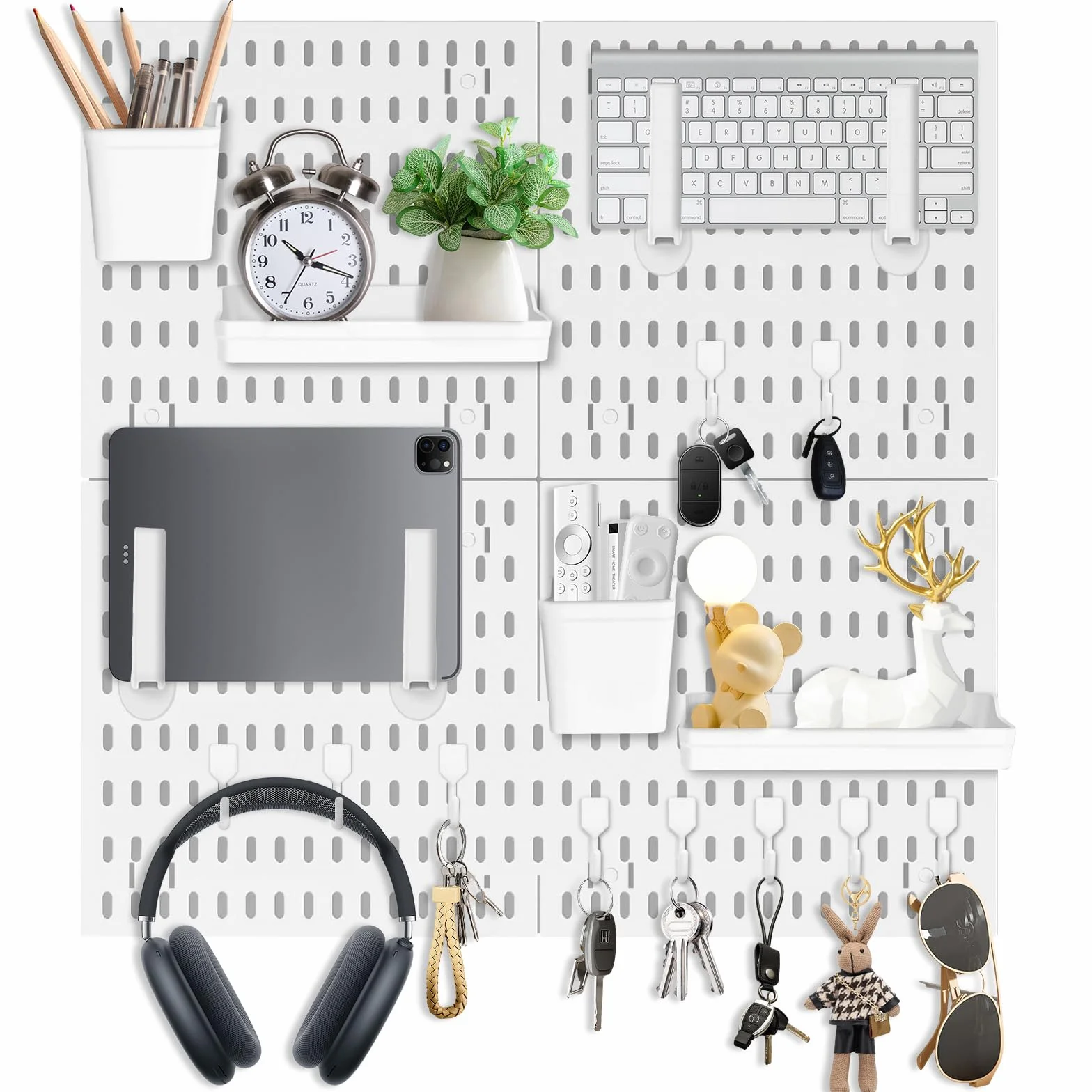 Pegboard zestaw ścianek narzędziowych, 4 sztuki, z tworzywa sztucznego, tablica wtykowa Skadis z 2 wkładanymi półkami, 2 pojemnikami, 14 hakami