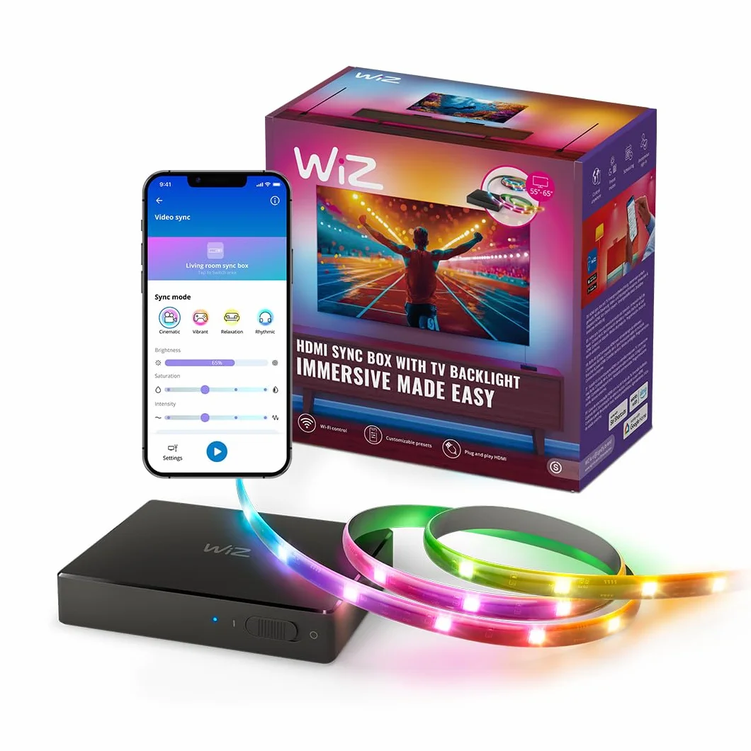 WiZ HDMI Sync Box z taśmą LED do TV, Synchronizuje światło z filmami, HDMI 2.0 Obsługuje 4K przy 60 Hz, Taśma LED RGBIC do telewizorów 55-65 cali, Sterowanie Aplikacją/Głosowe, Działa z Google i Alexą