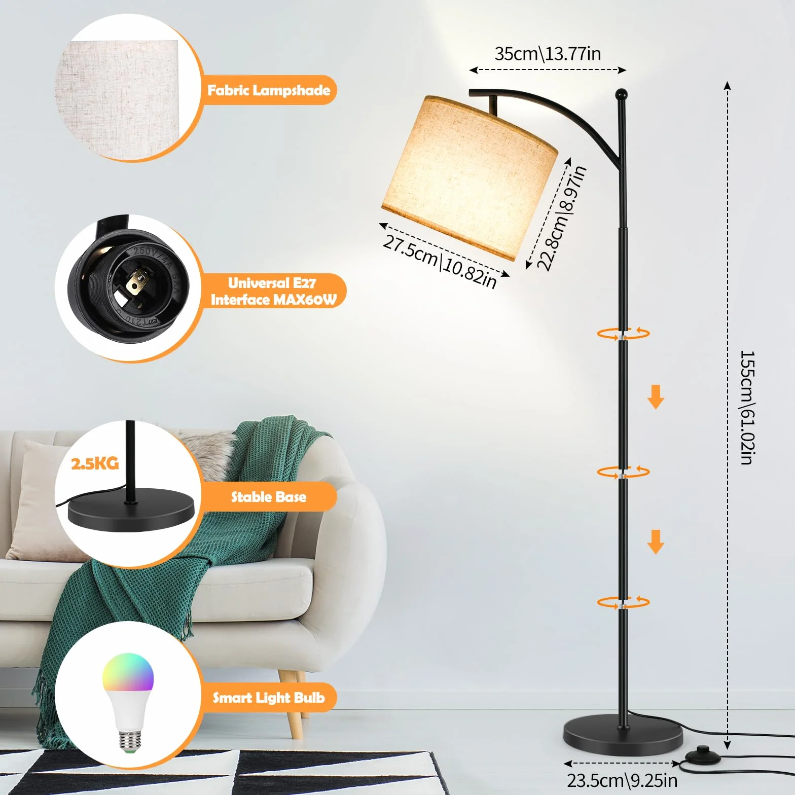 Euakee Lampa podłogowa LED 155 cm ściemniana RGB z pilotem i aplikacją Alexa Google
