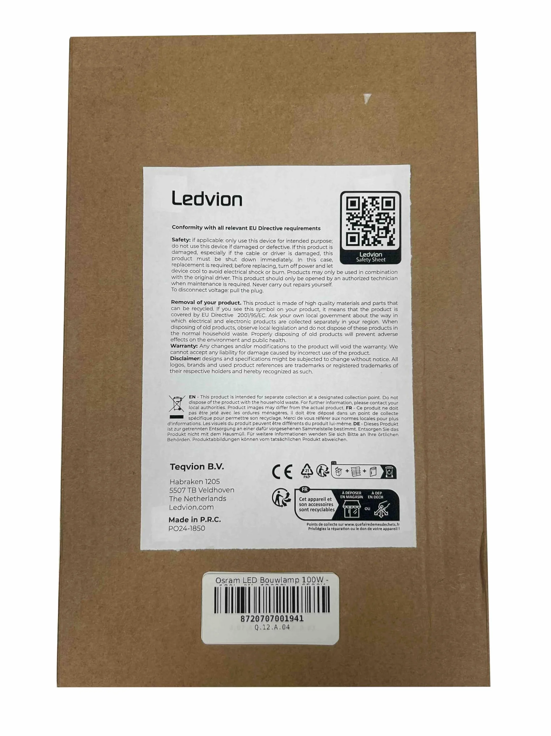 Ledvion Lampa budowlana LED, IP65, 100 W, 120 lm/W, 12000 lumenów, 6500 K, w zestawie kabel przyłączeniowy 1,5 m, lampa zewnętrzna
