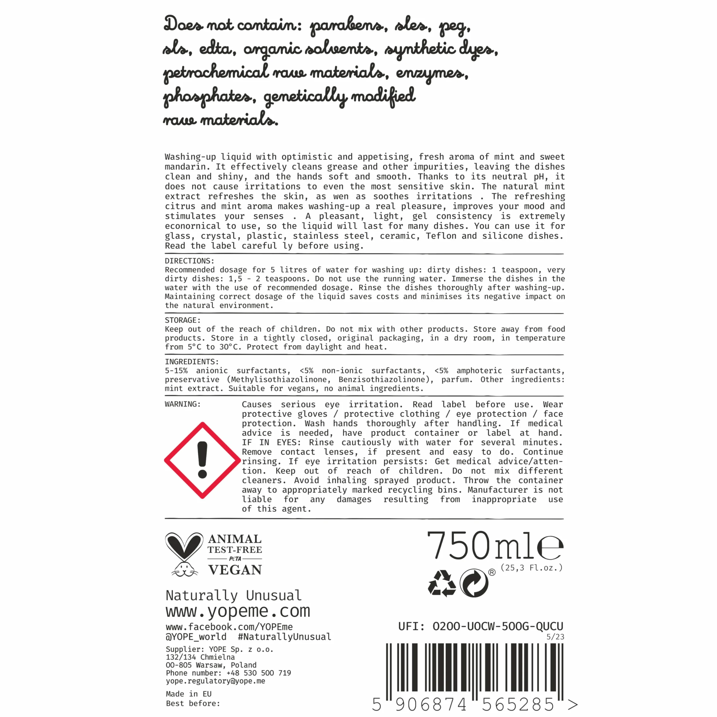 YOPE Naturalny płyn do mycia naczyń Mięta i mandarynka 750 ml